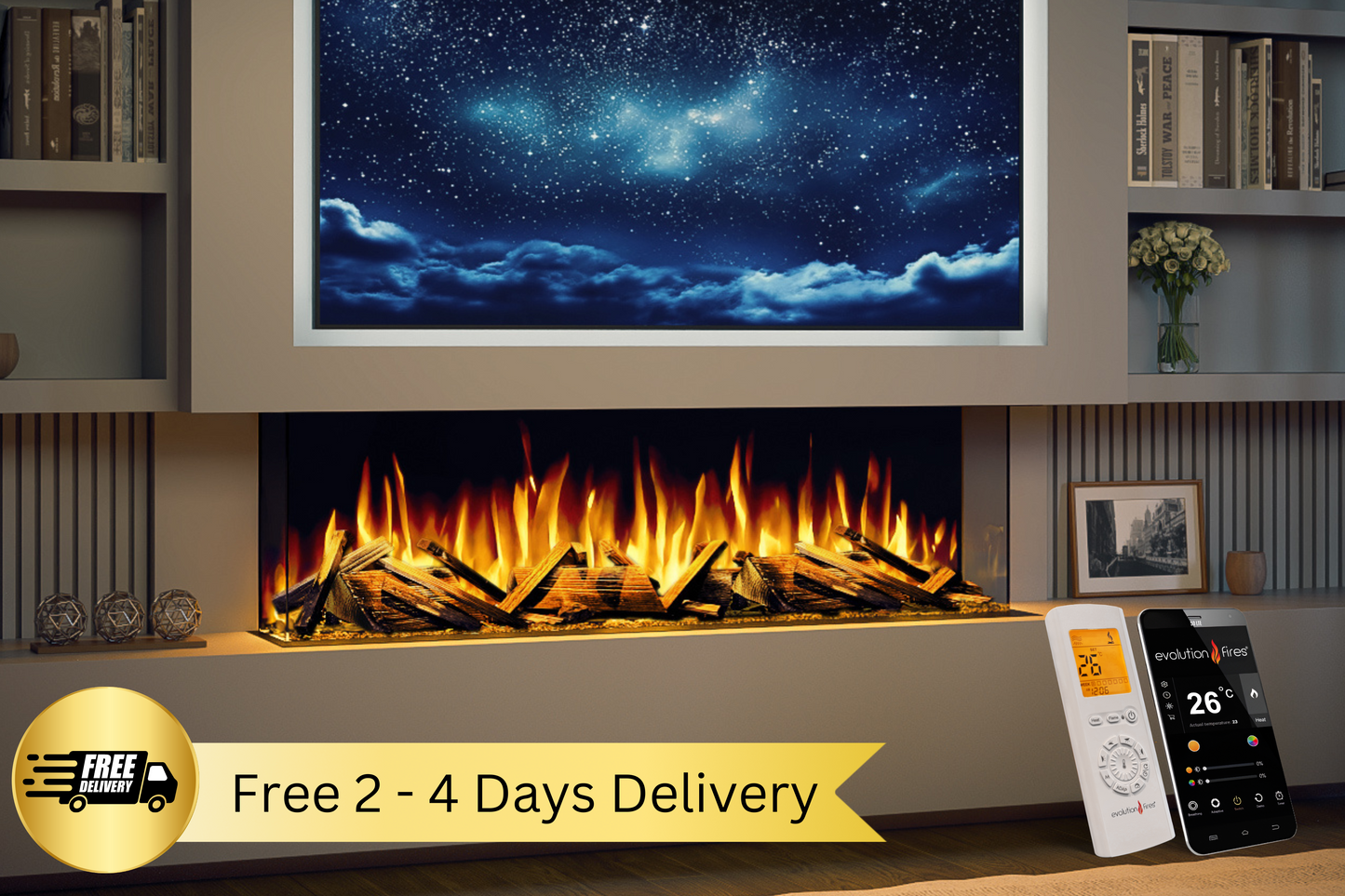 Evolution Fires Advance Series 1300 Panoramic Electric Fireplace-Media Wall Fires-