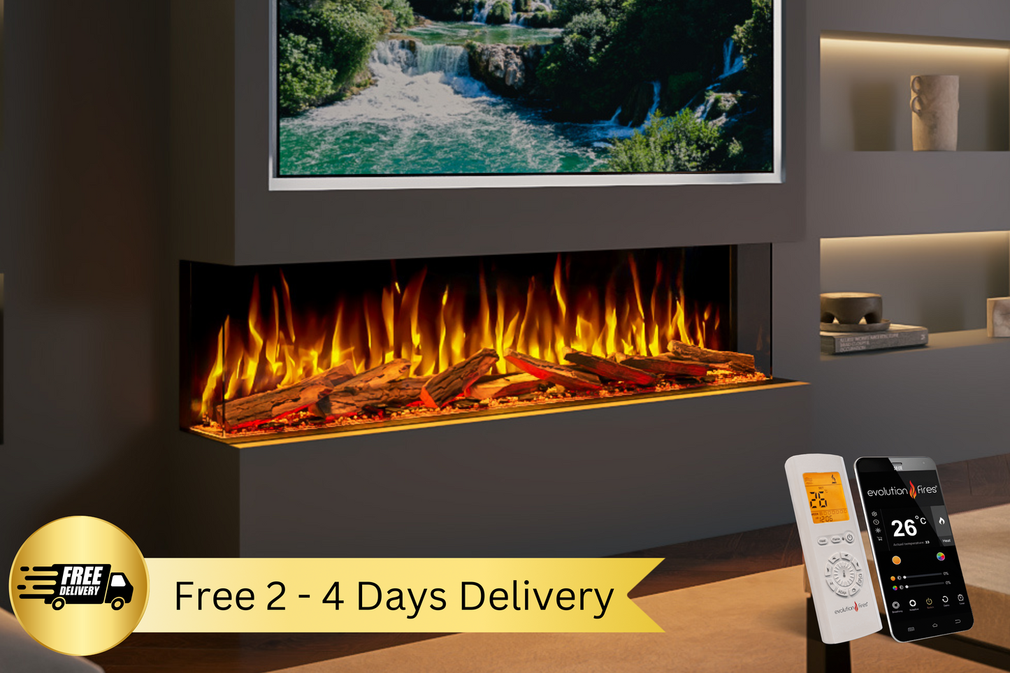 Evolution Fires Advance Series 1500 Media Wall Electric Fireplace-Media Wall Fires-Real Logs-