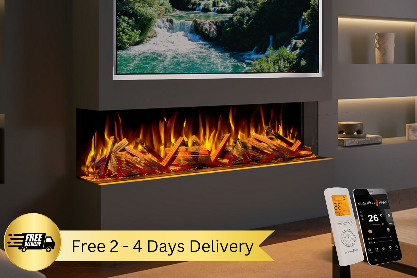 Evolution Fires Advance Series 1500 Media Wall Electric Fireplace-Media Wall Fires-Woodland Logs-