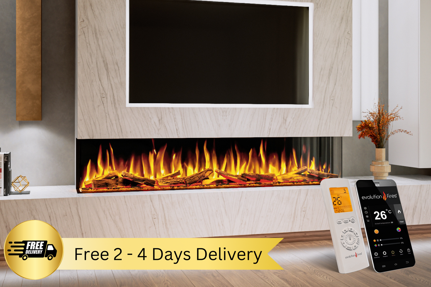 Evolution Fires Advance Series 2000 Panoramic Electric Fireplace-Media Wall Fires-Woodland Logs-