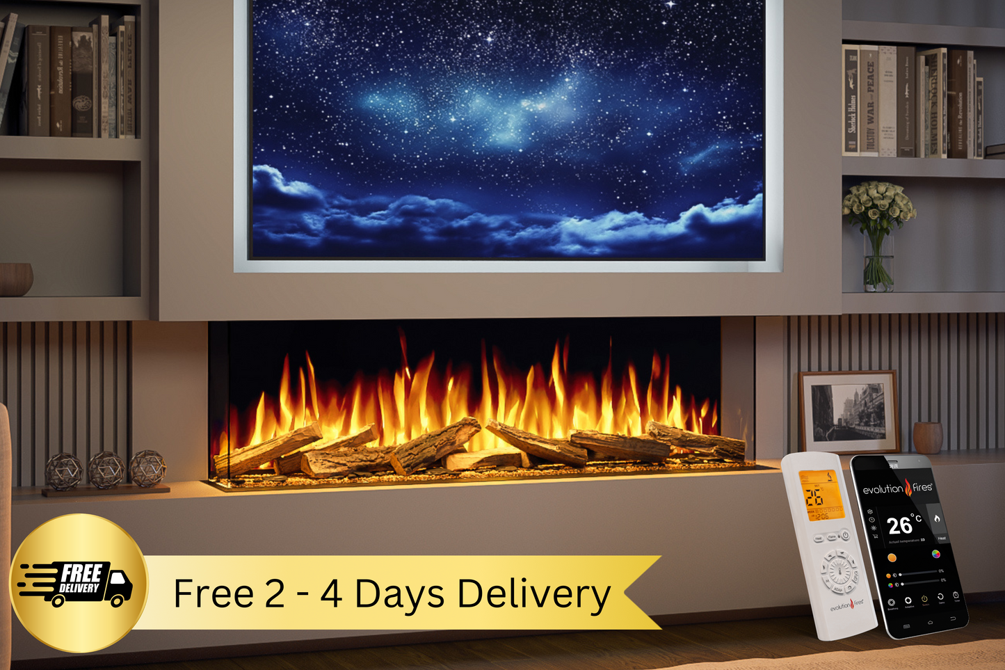 Evolution Fires Advance Series 1300 Panoramic Electric Fireplace-Media Wall Fires-Woodland Logs-