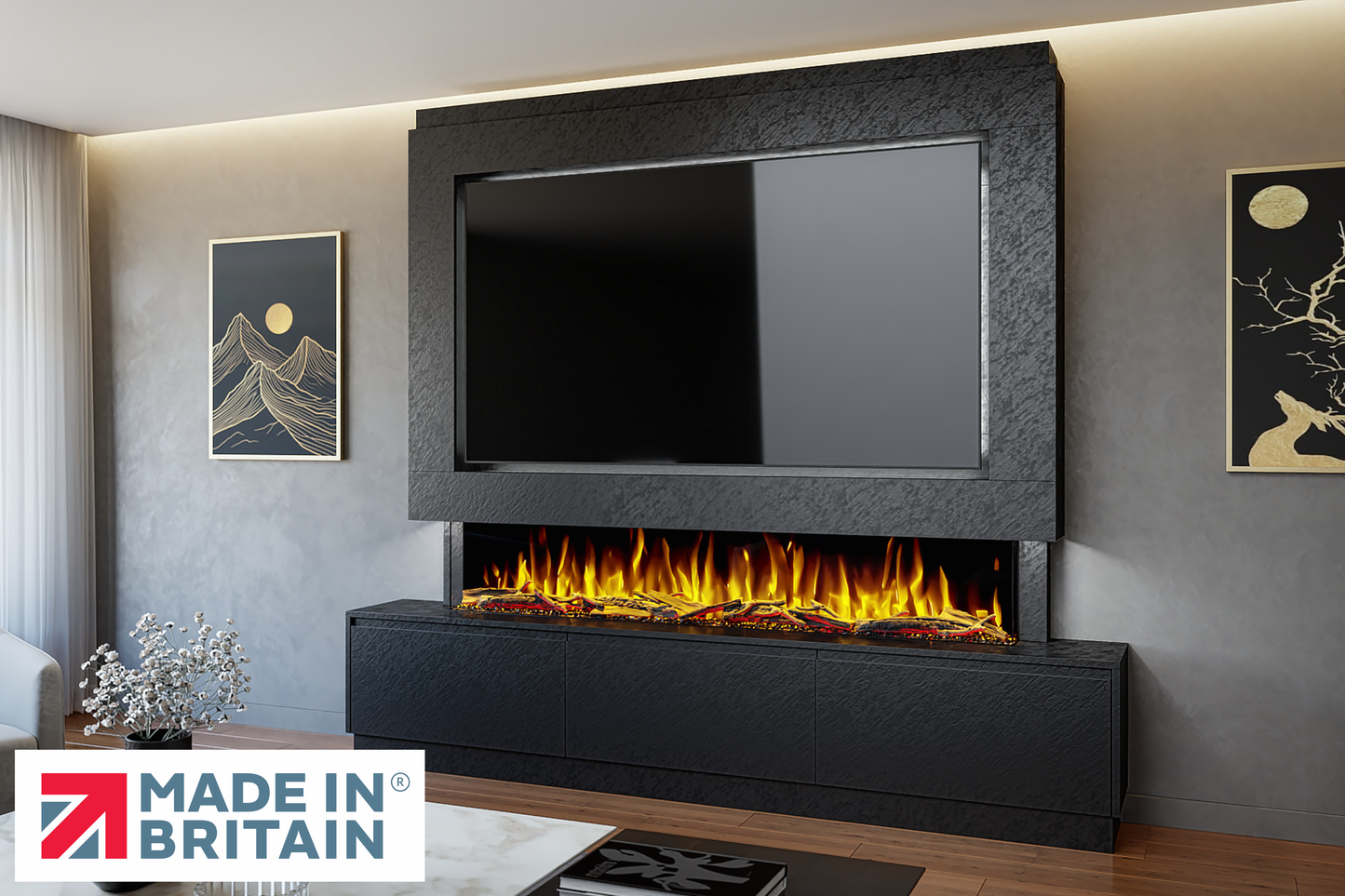 Evolution Fires - Pre-Built Media Wall Package 23 including Electric Fire-Media Walls-Black Textured-
