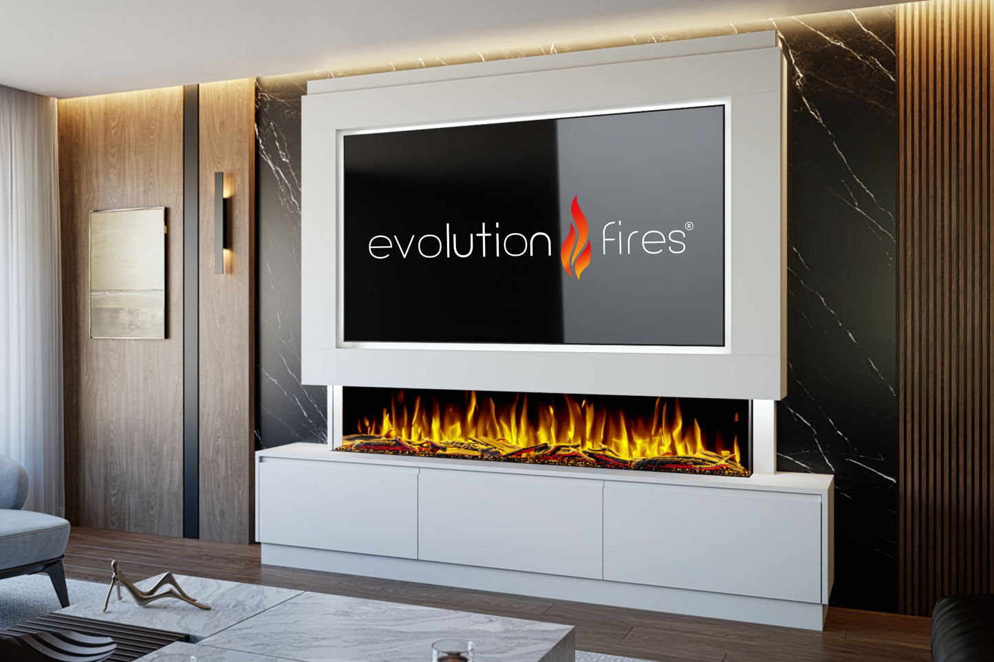 Evolution Fires Package 23 – Pre-Built Media Wall with Electric Fireplace