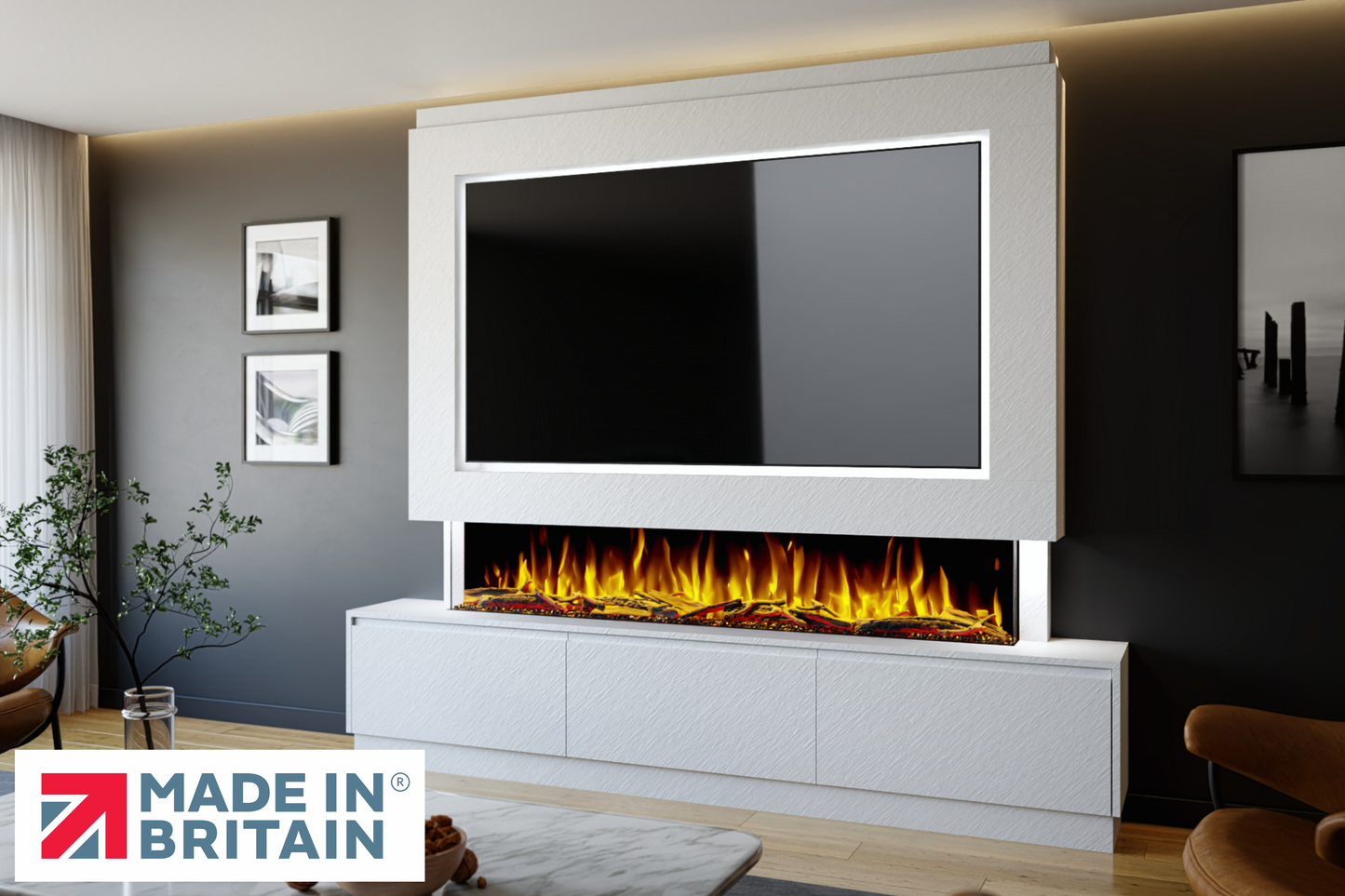 Evolution Fires - Pre-Built Media Wall Package 23 including Electric Fire-Media Walls-White Textured-