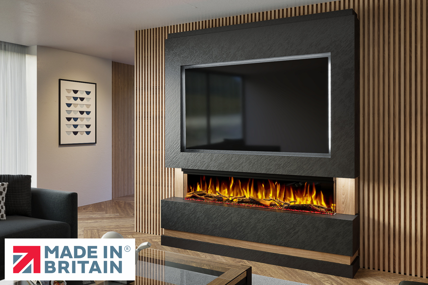 Evolution Fires - Pre-Built Media Wall Package 14 including Electric Fire-Media Walls-Black Textured-
