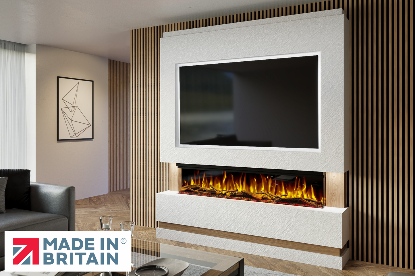 Evolution Fires - Pre-Built Media Wall Package 14 including Electric Fire-Media Walls-White Texuted-