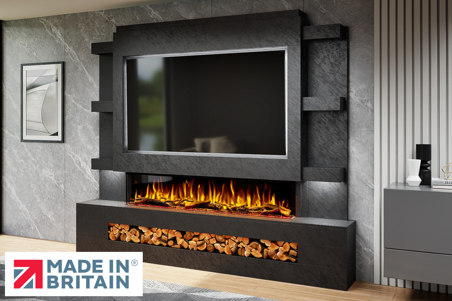 Evolution Fires - Pre-Built Media Wall Package 15 including Electric Fire-Media Walls-Black Textured-