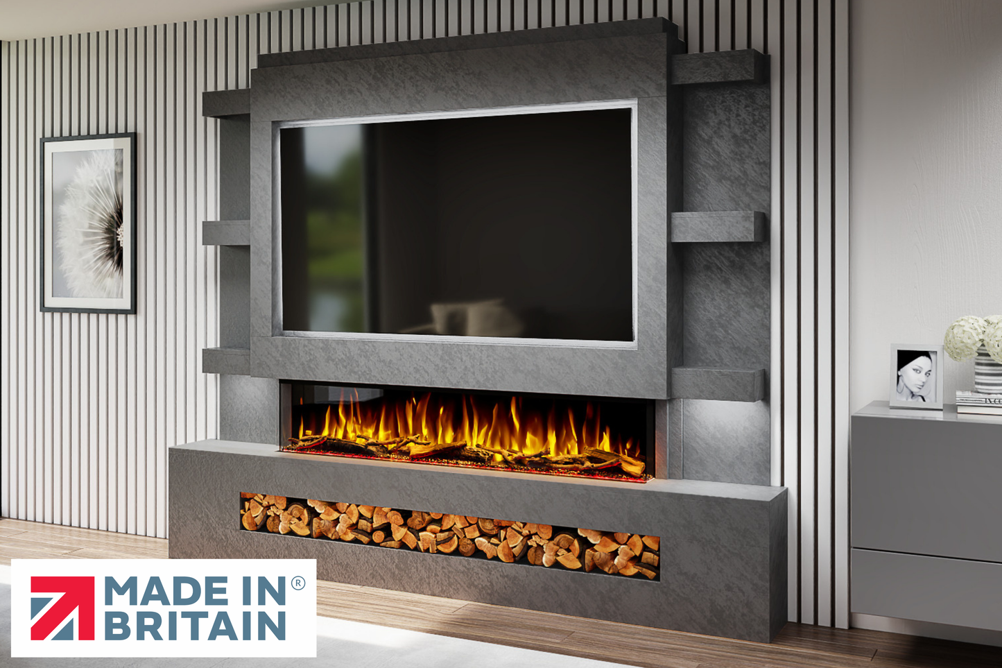 Evolution Fires - Pre-Built Media Wall Package 15 including Electric Fire-Media Walls-Grey Textured-
