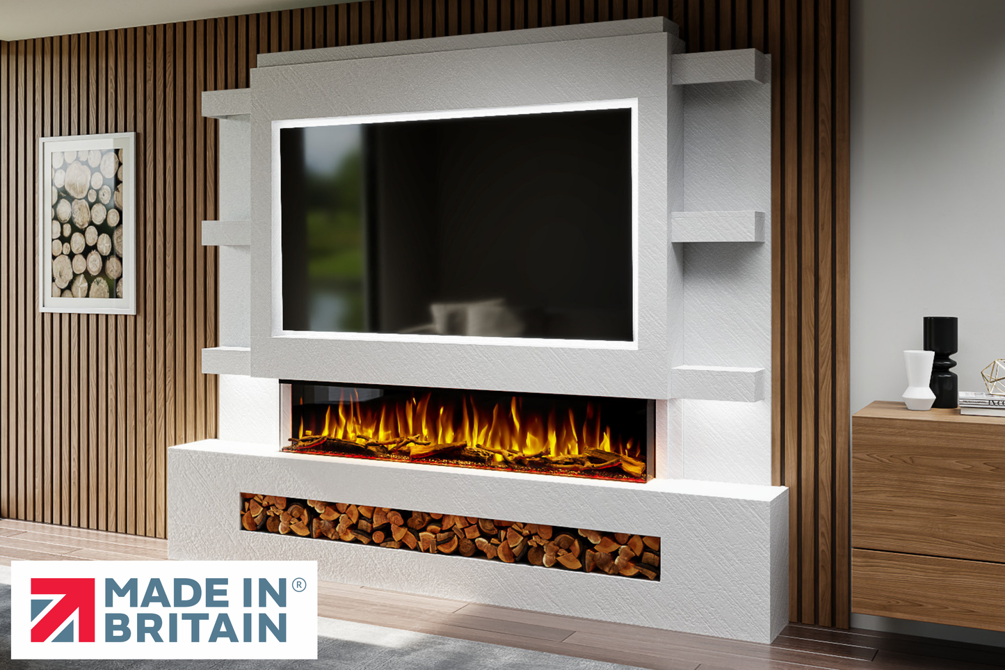 Evolution Fires - Pre-Built Media Wall Package 15 including Electric Fire-Media Walls-White Textured-