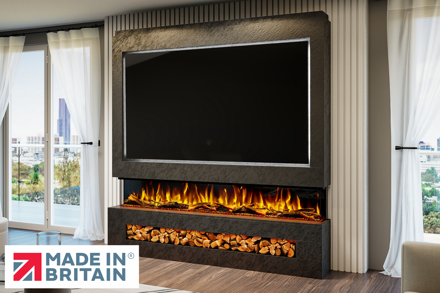 Evolution Fires - Pre-Built Media Wall Package 16 including Electric Fire-Media Walls-Black Textured-