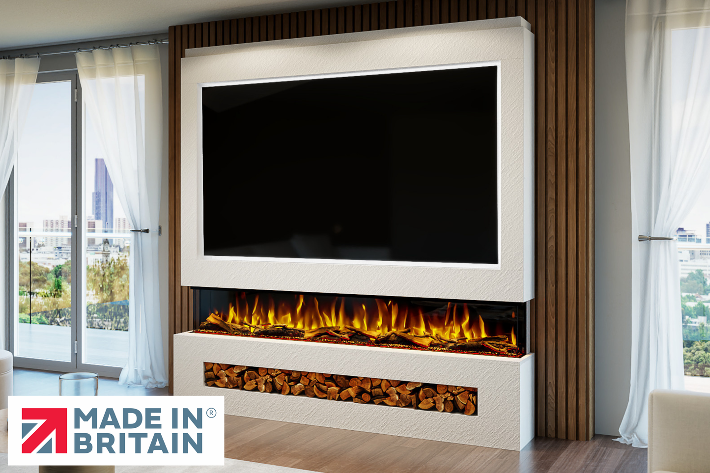 Evolution Fires - Pre-Built Media Wall Package 16 including Electric Fire-Media Walls-White Textured-