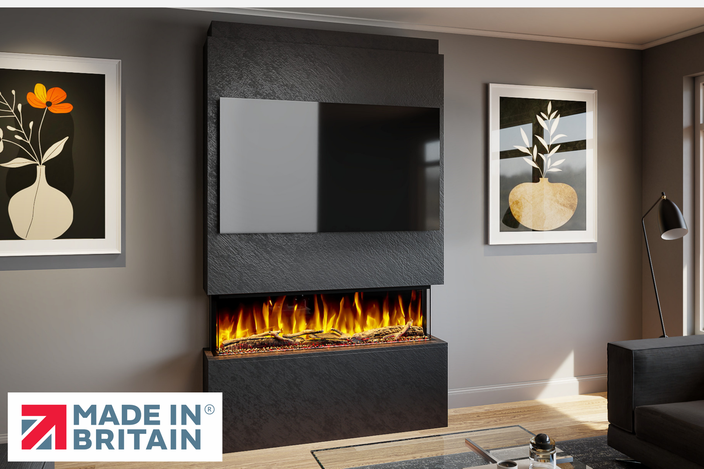 Evolution Fires - Pre-Built Media Wall Package 18 including Electric Fire-Media Walls-Black Textured-