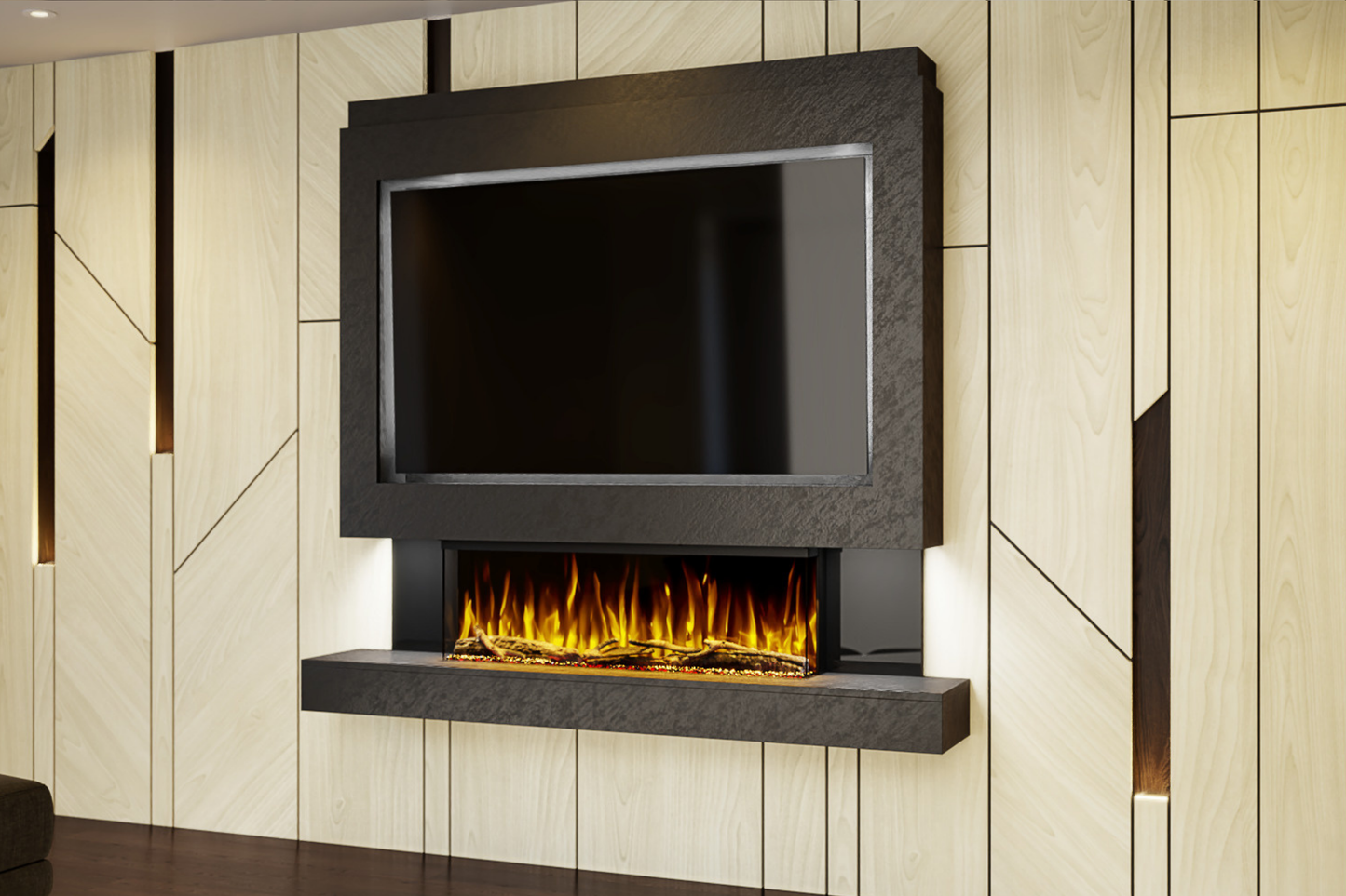 Evolution Fires Package 1 – Pre-Built Media Wall with Electric Fireplace