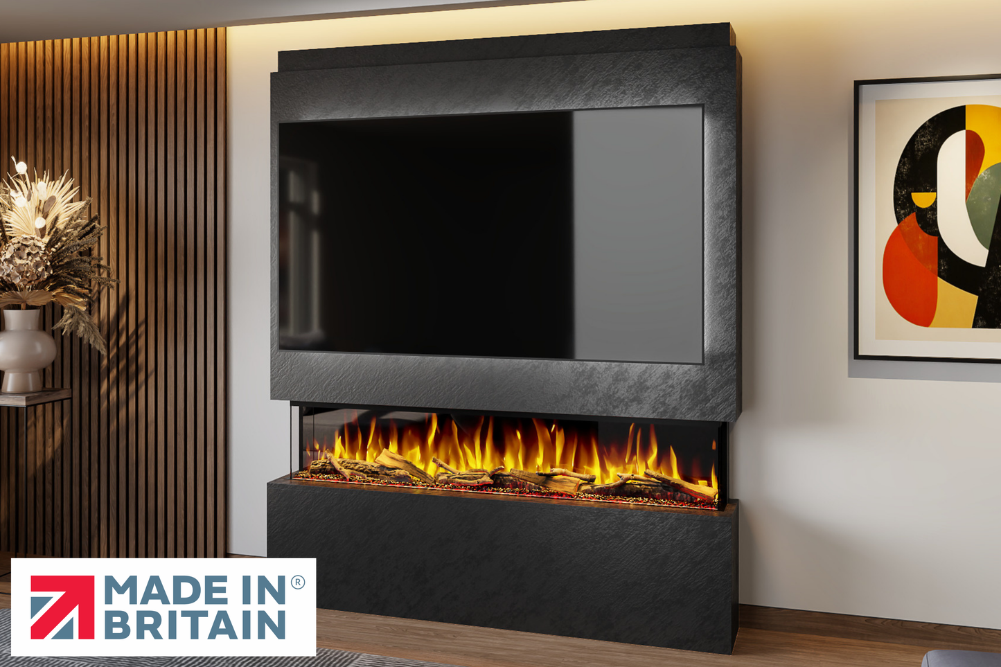 Evolution Fires - Pre-Built Media Wall Package 20 including Electric Fire-Media Walls-Black Textured-