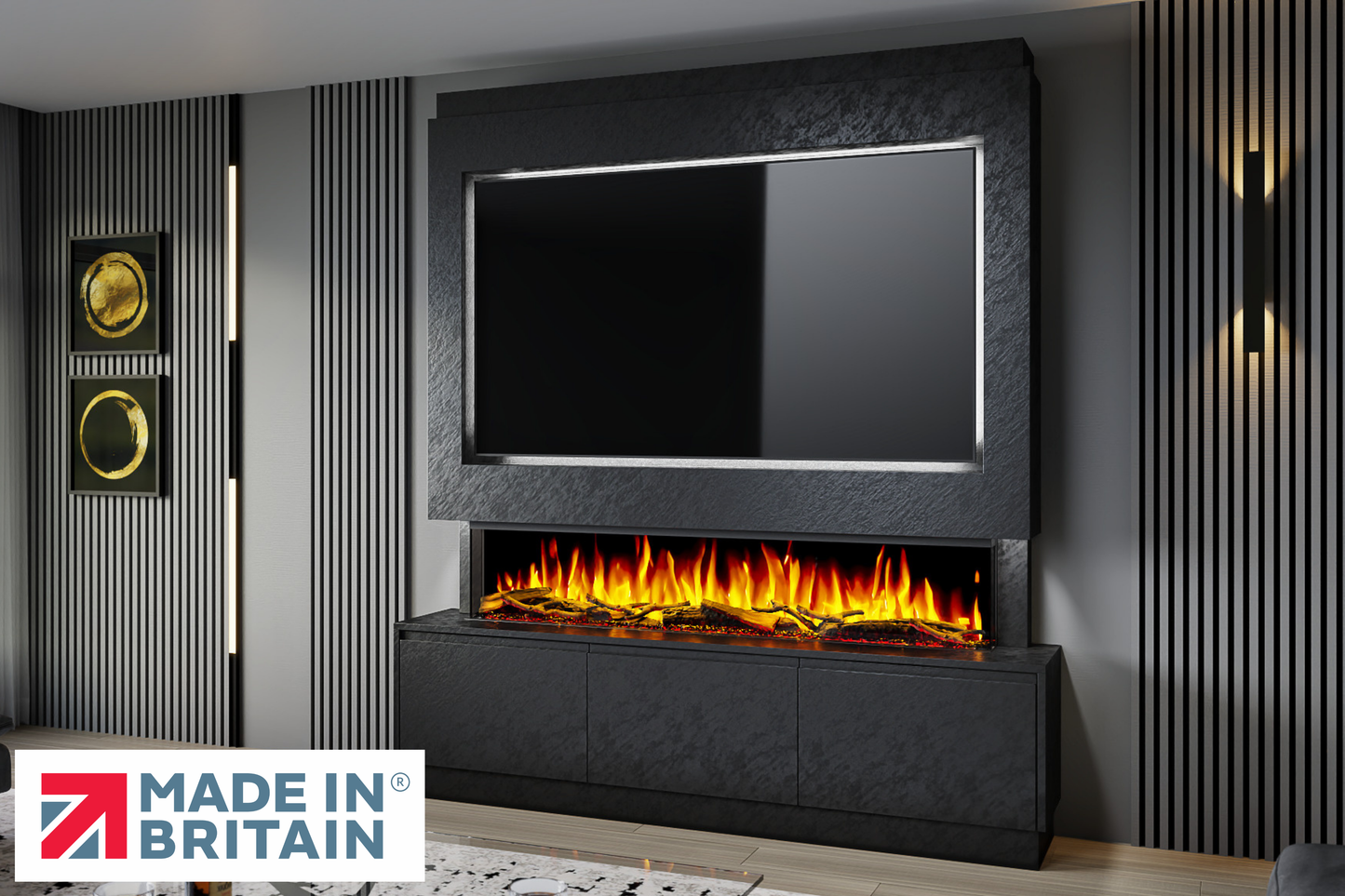 Evolution Fires - Pre-Built Media Wall Package 21 including Electric Fire-Media Walls-Black Textured-