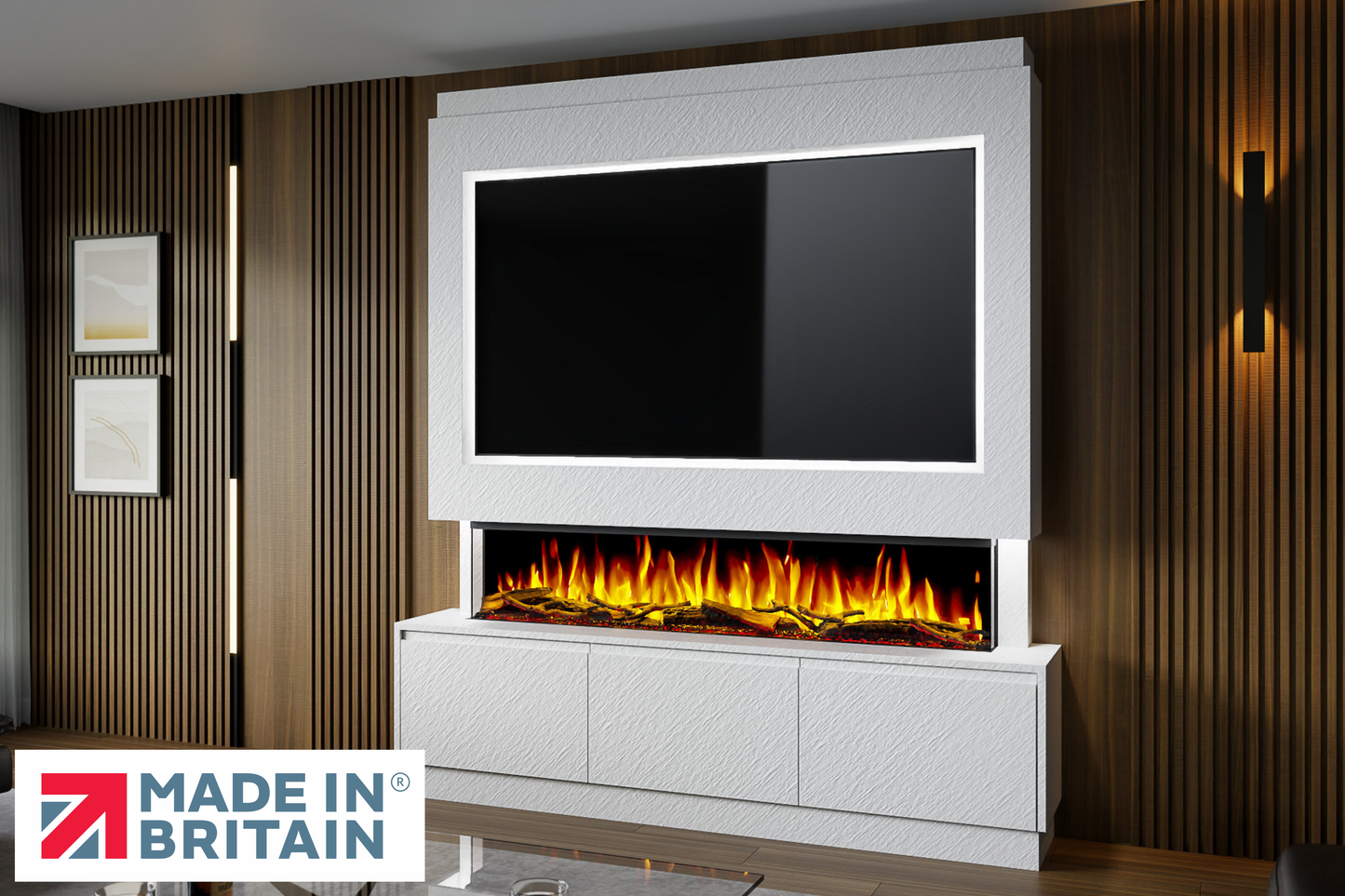 Evolution Fires - Pre-Built Media Wall Package 21 including Electric Fire-Media Walls-White Textured-