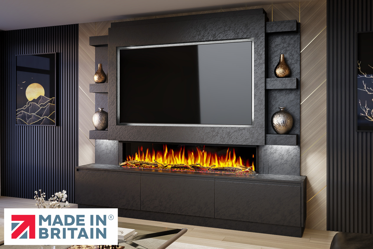 Evolution Fires - Pre-Built Media Wall Package 22 including Electric Fire-Media Walls-Black Textured-