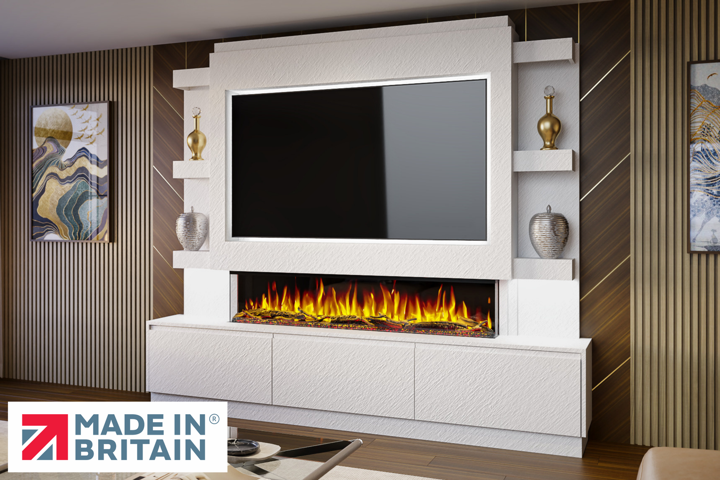 Evolution Fires - Pre-Built Media Wall Package 22 including Electric Fire-Media Walls-White Textured-