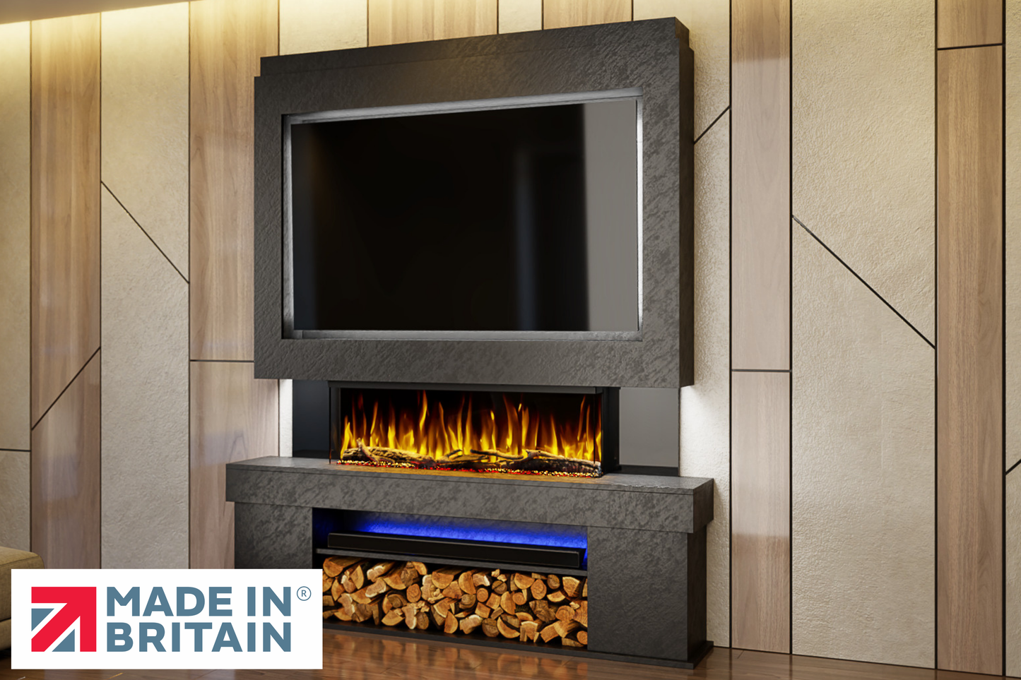 Evolution Fires Package 3 – Pre-Built Media Wall with Electric Fireplace-Media Walls-Black Textured-