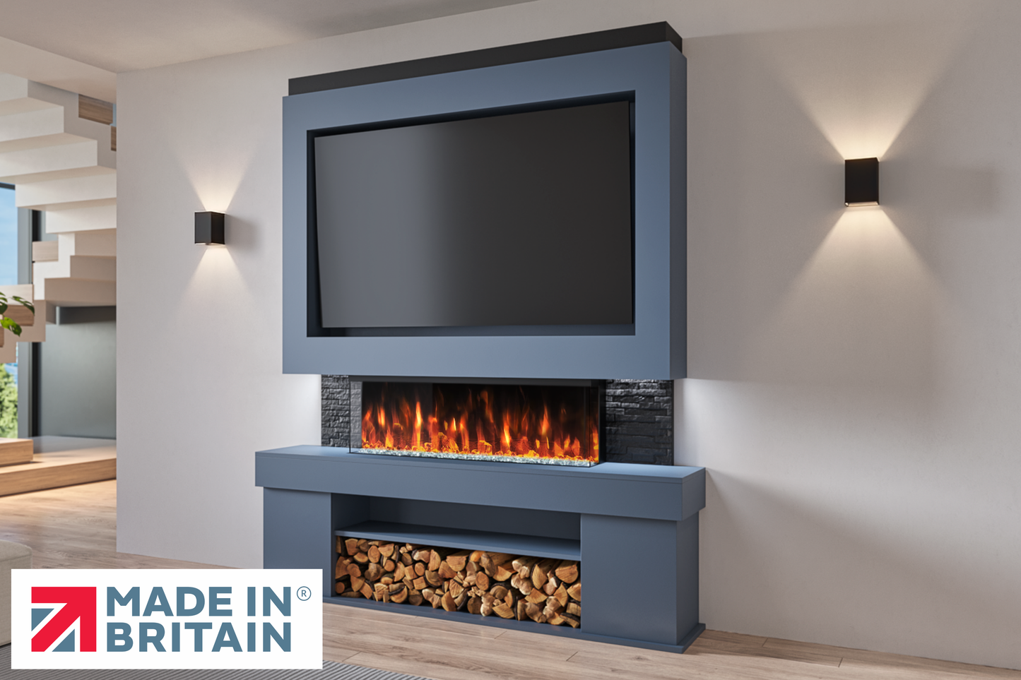 Evolution Fires Package 3 – Pre-Built Media Wall with Electric Fireplace-Media Walls-Blue-