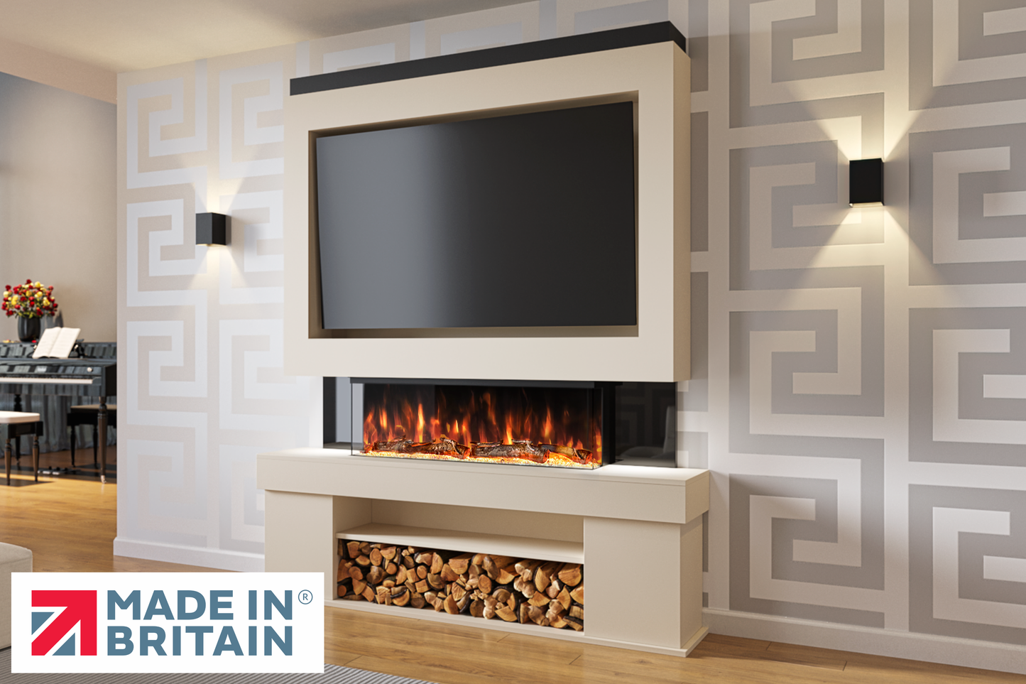 Evolution Fires Package 3 – Pre-Built Media Wall with Electric Fireplace-Media Walls-Cream-