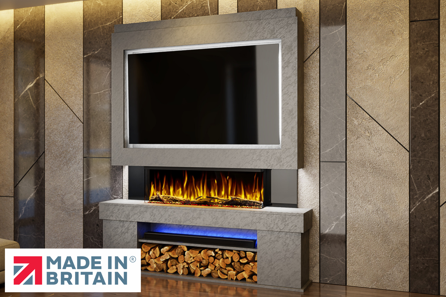 Evolution Fires Package 3 – Pre-Built Media Wall with Electric Fireplace-Media Walls-Grey Textured-