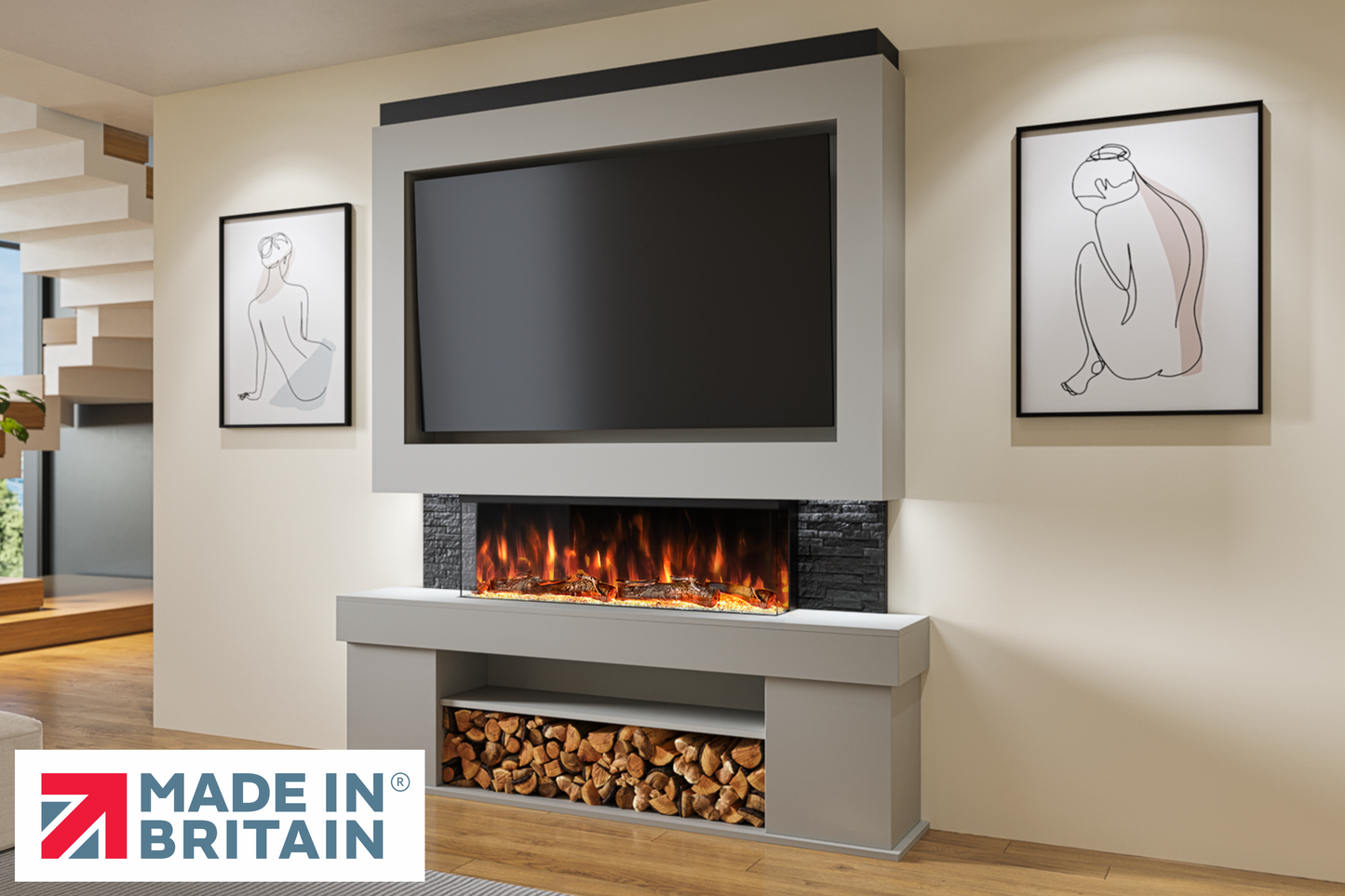 Evolution Fires Package 3 – Pre-Built Media Wall with Electric Fireplace-Media Walls-Grey-