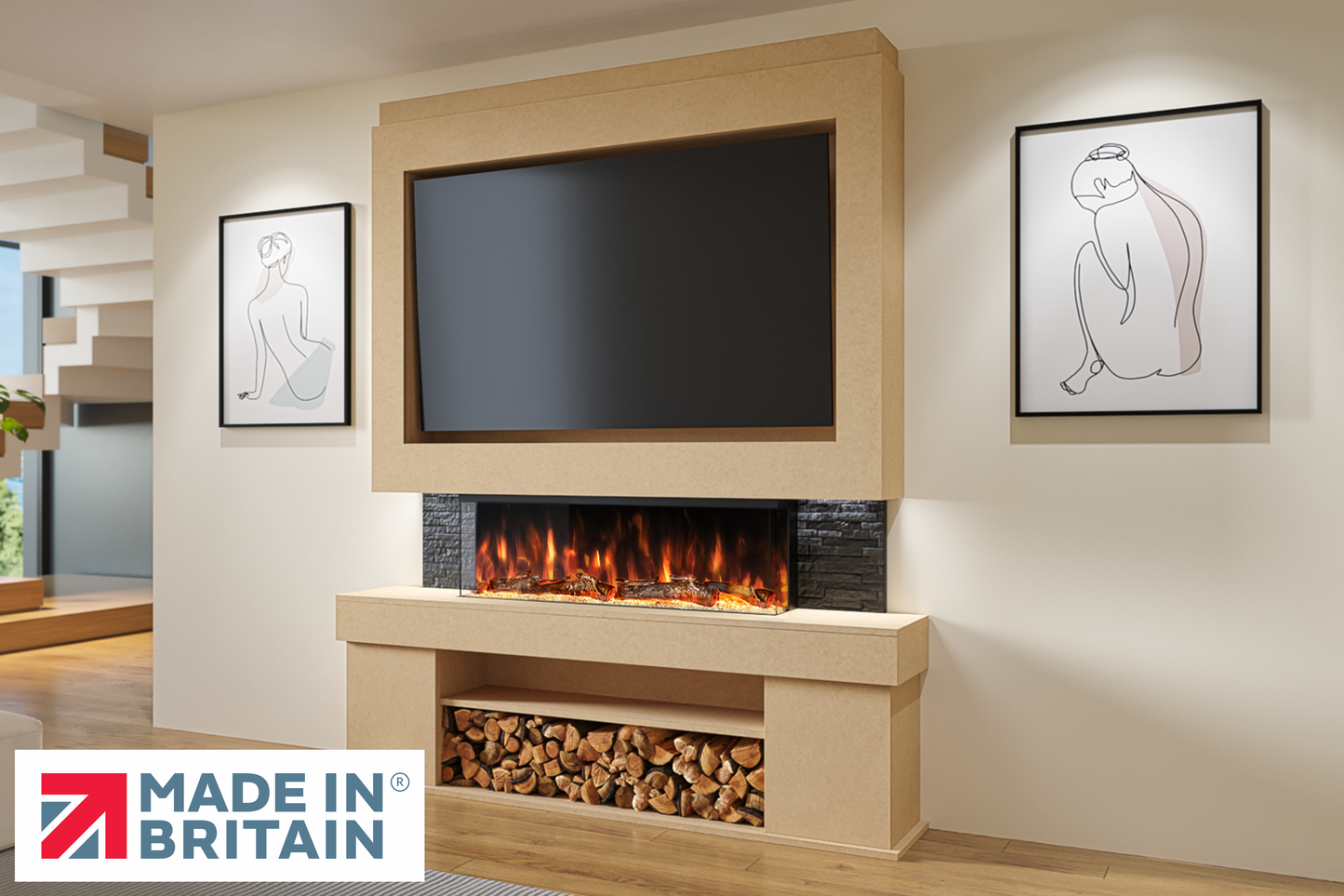 Evolution Fires Package 3 – Pre-Built Media Wall with Electric Fireplace-Media Walls-Ready to paint-