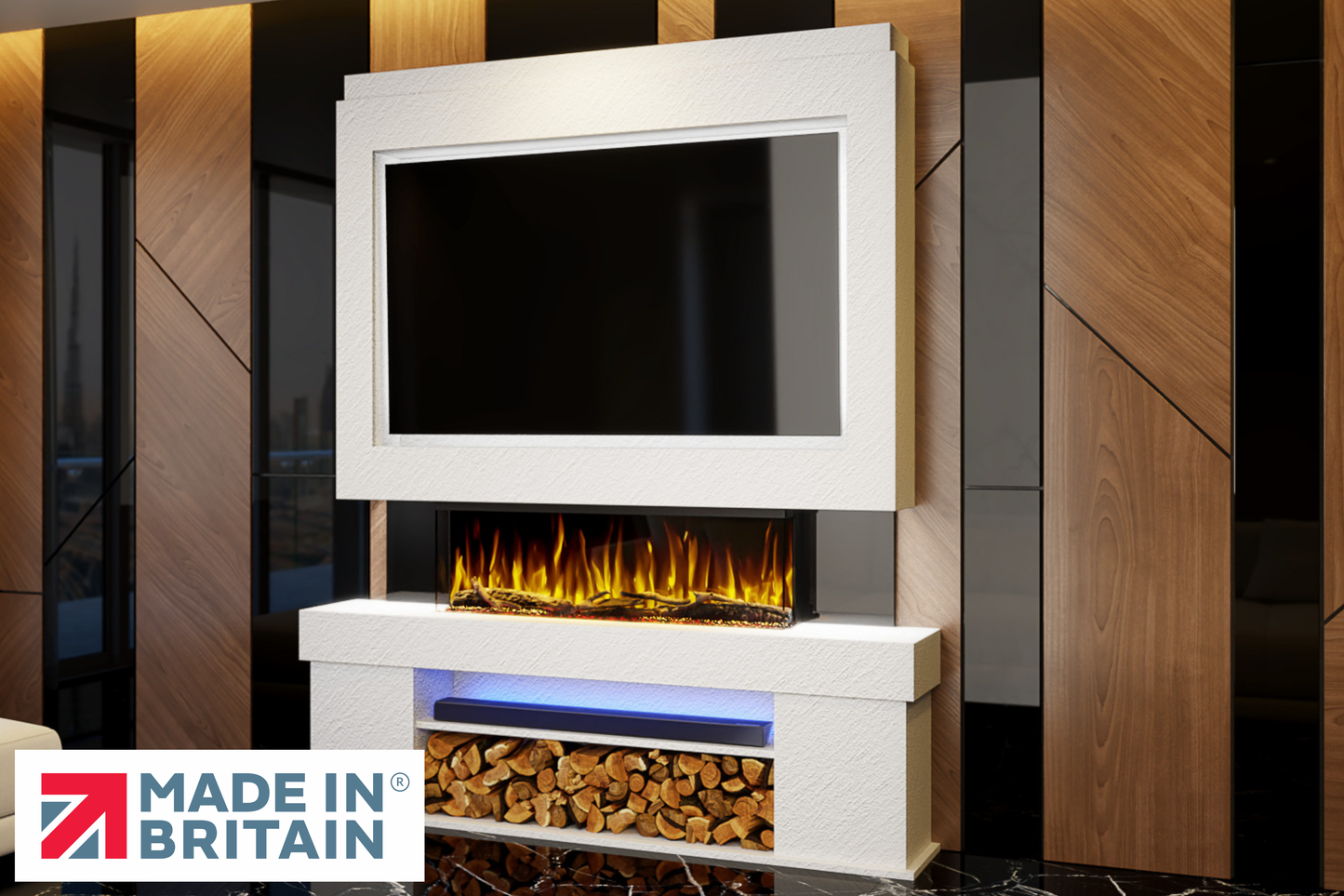 Evolution Fires Package 3 – Pre-Built Media Wall with Electric Fireplace-Media Walls-White Textured-