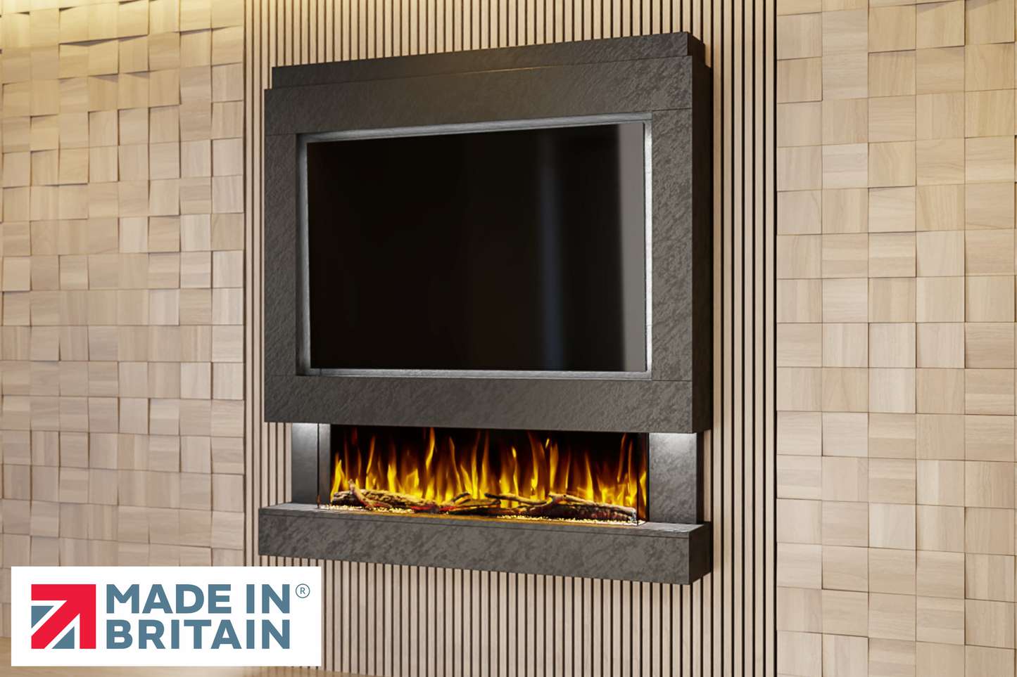 Evolution Fires Package 4 – Pre-Built Media Wall with Electric Fireplace-Black Textured-