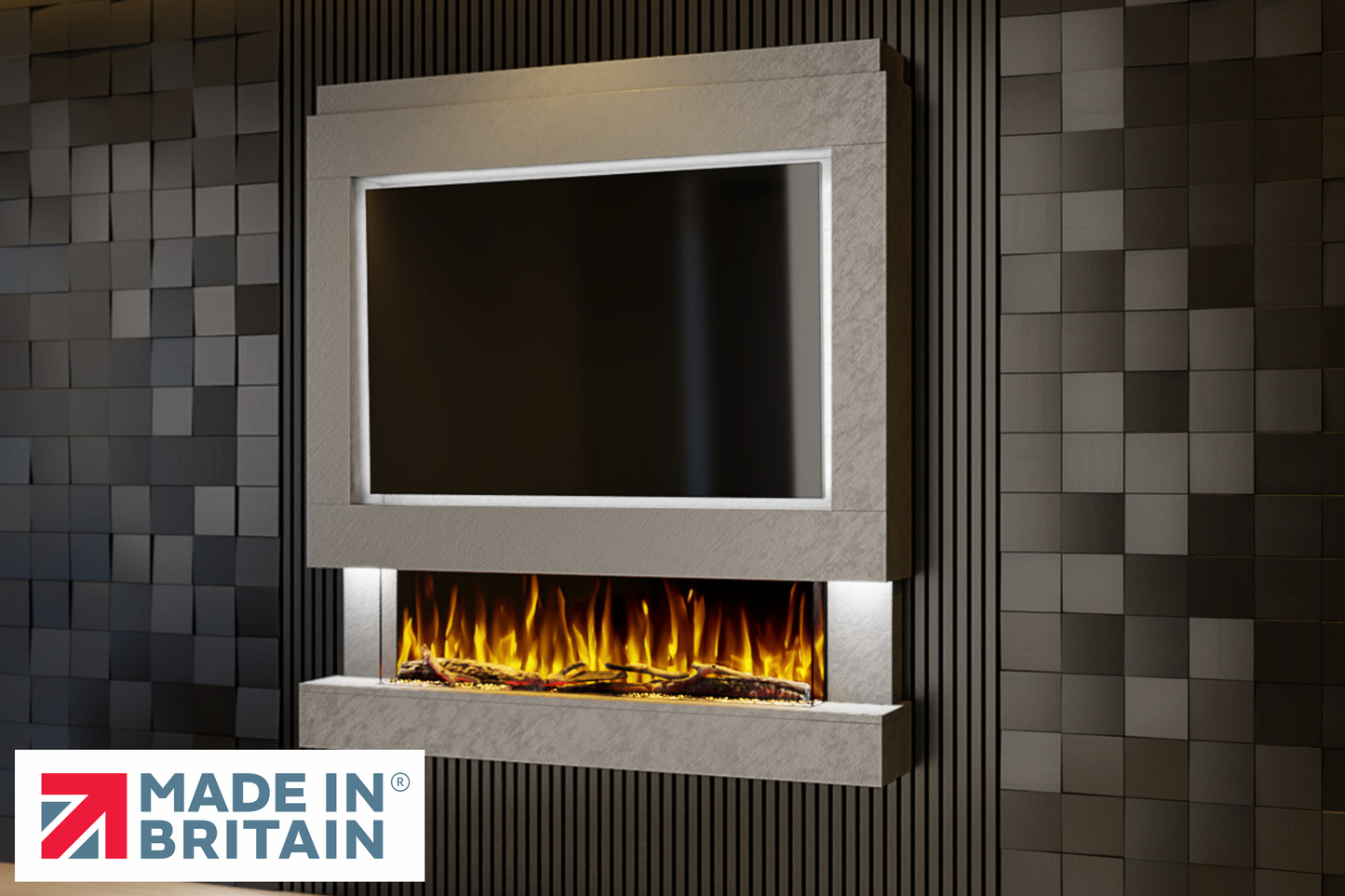 Evolution Fires Package 4 – Pre-Built Media Wall with Electric Fireplace-Grey Textured-