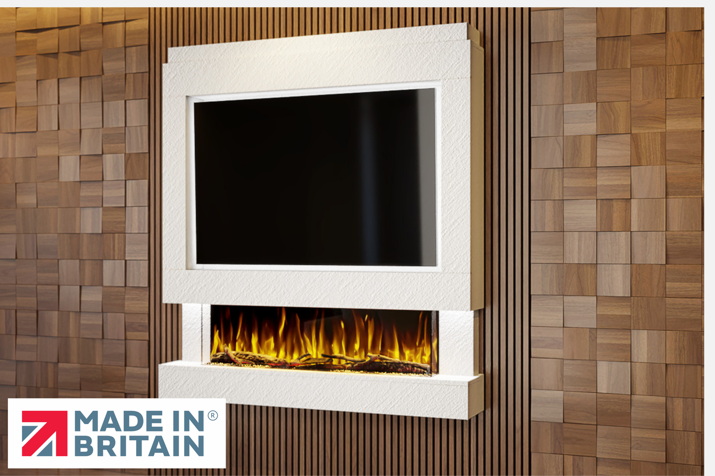 Evolution Fires Package 4 – Pre-Built Media Wall with Electric Fireplace-White Textured-
