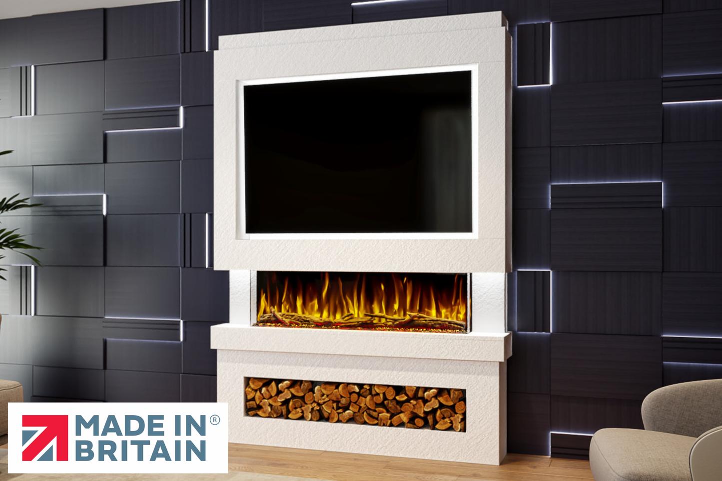 Evolution Fires Package 6 – Pre-Built Media Wall with Electric Fireplace-Media Walls-White Textured-