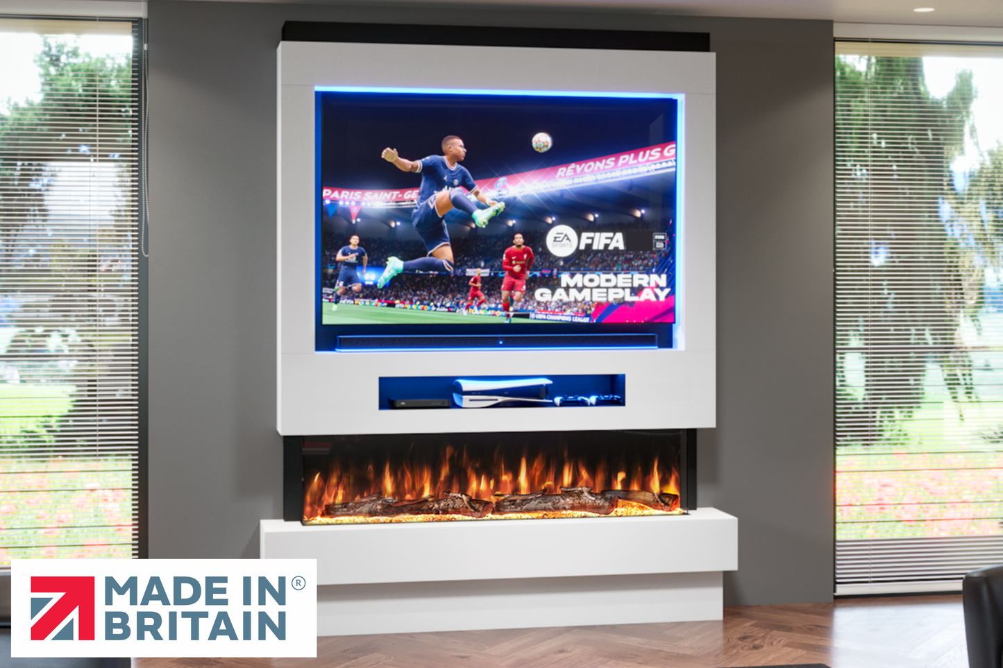 Evolution Fires Package 8 – Pre-Built Media Wall with Electric Fireplace-Media Walls-White-