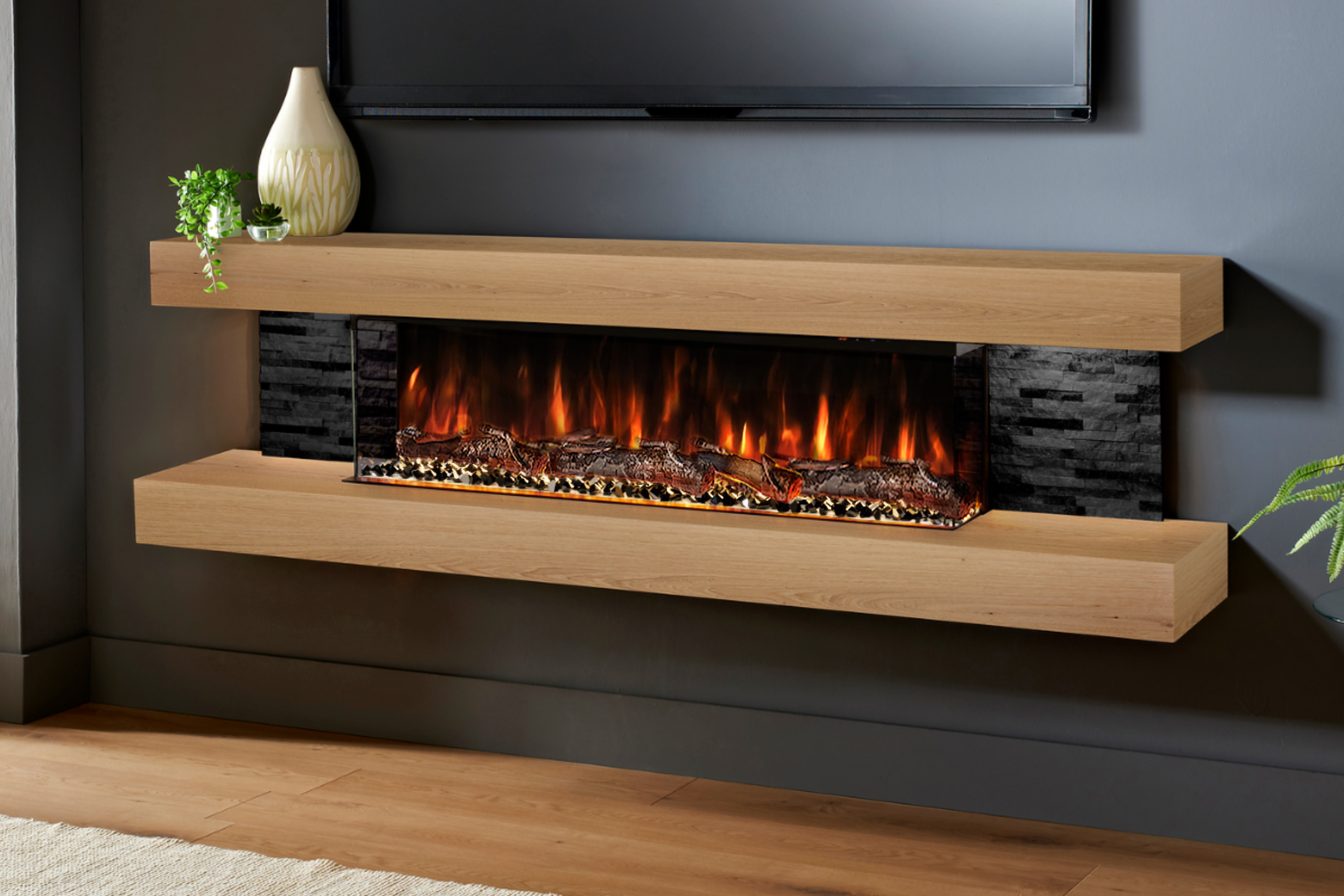 Vegas 72 Oak Wall Mounted Fireplace | Evolution Fires – Pre-Built Media