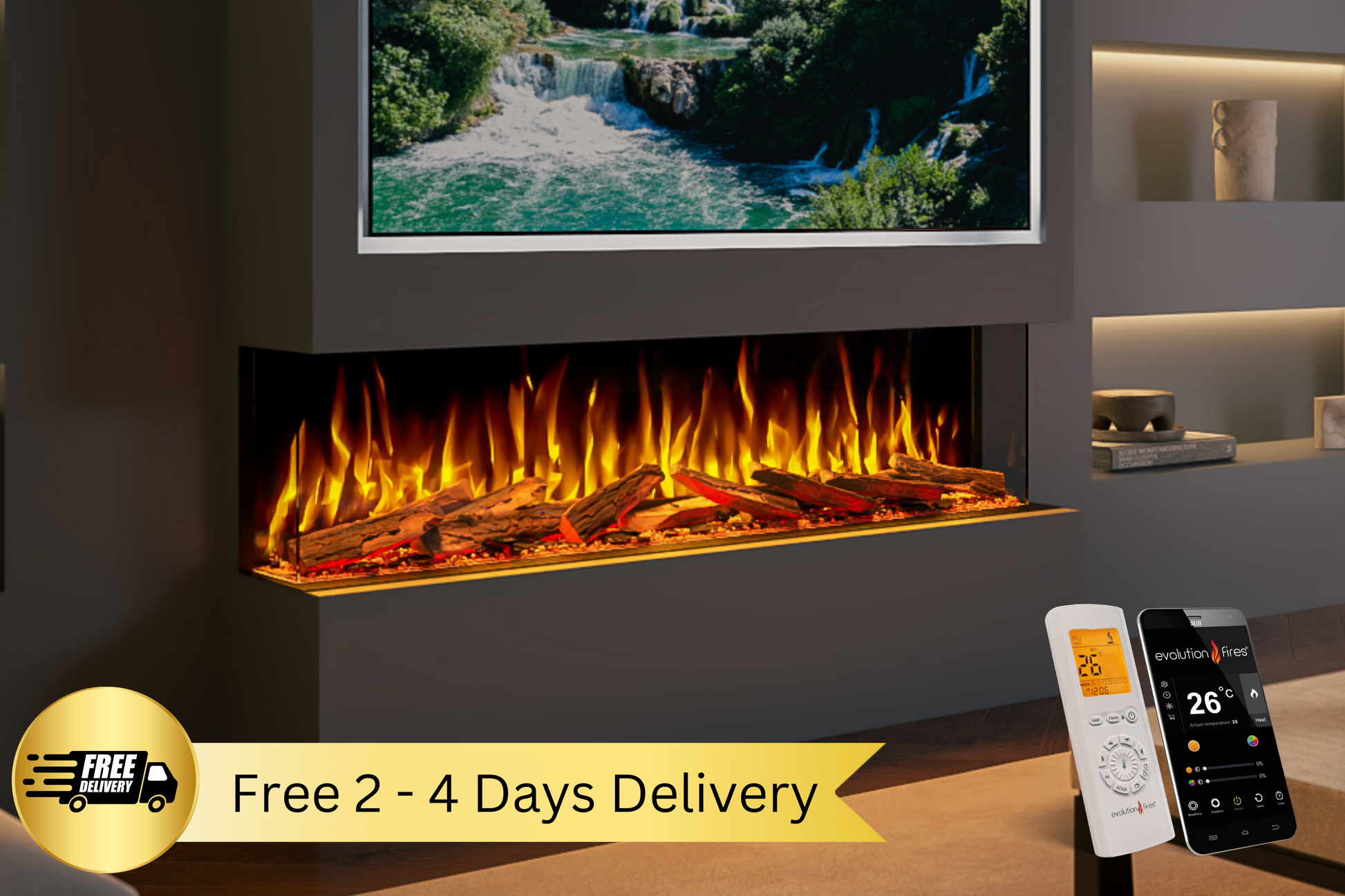 Evolution Fires Advance Series 1500 Media Wall Electric Fireplace-Media Wall Fires-Real Logs-