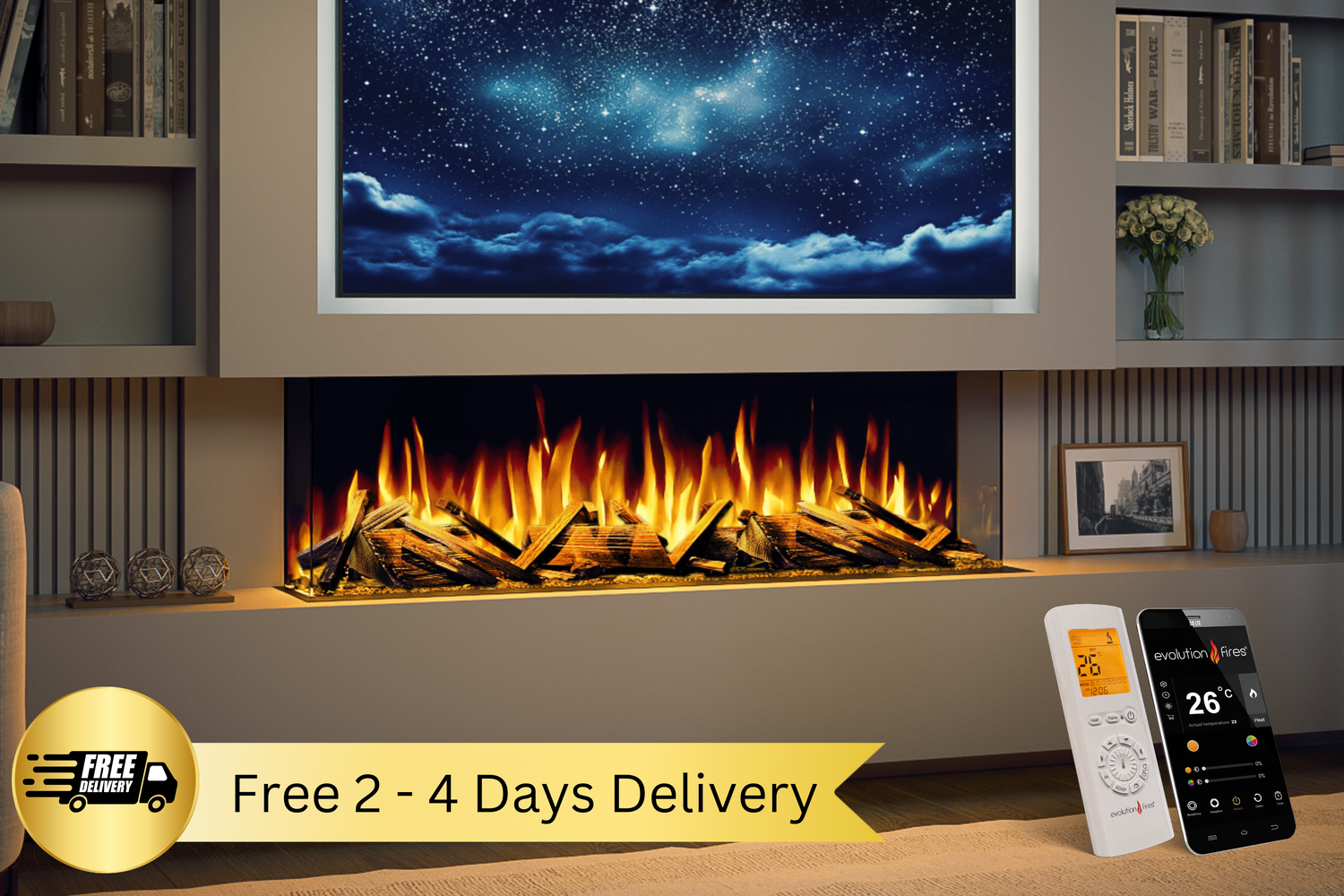 Evolution Fires Advance Series 1300 Panoramic Electric Fireplace-Media Wall Fires-Real Logs-