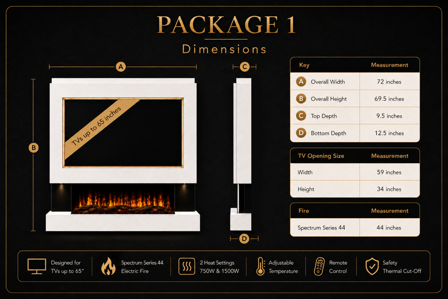 Evolution Fires Package 1 – Pre-Built Media Wall with Electric Fireplace