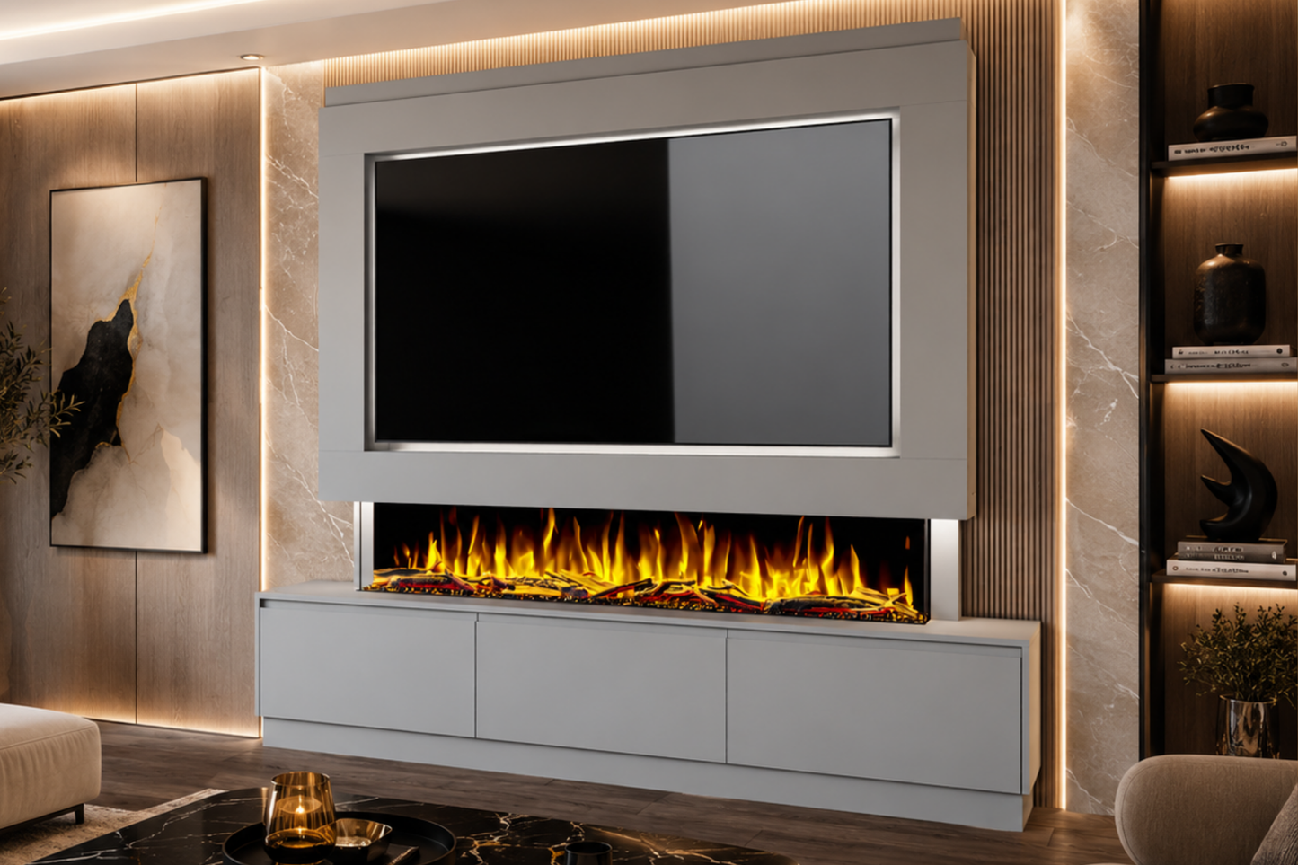 Evolution Fires Package 23 – Pre-Built Media Wall with Electric Fireplace