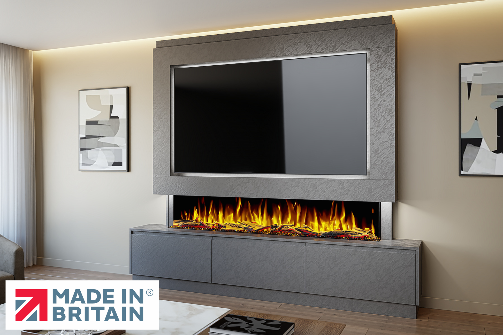 Evolution Fires - Pre-Built Media Wall Package 23 including Electric Fire-Media Walls-Grey Textured-