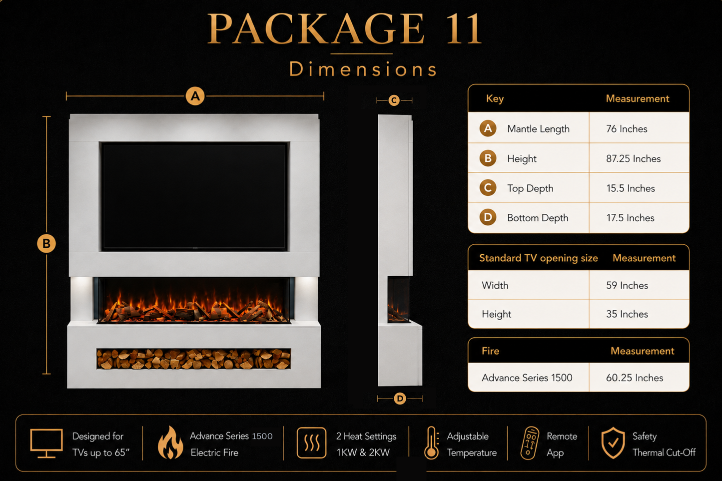 Evolution Fires Package 11 – Pre-Built Media Wall with Electric Fireplace