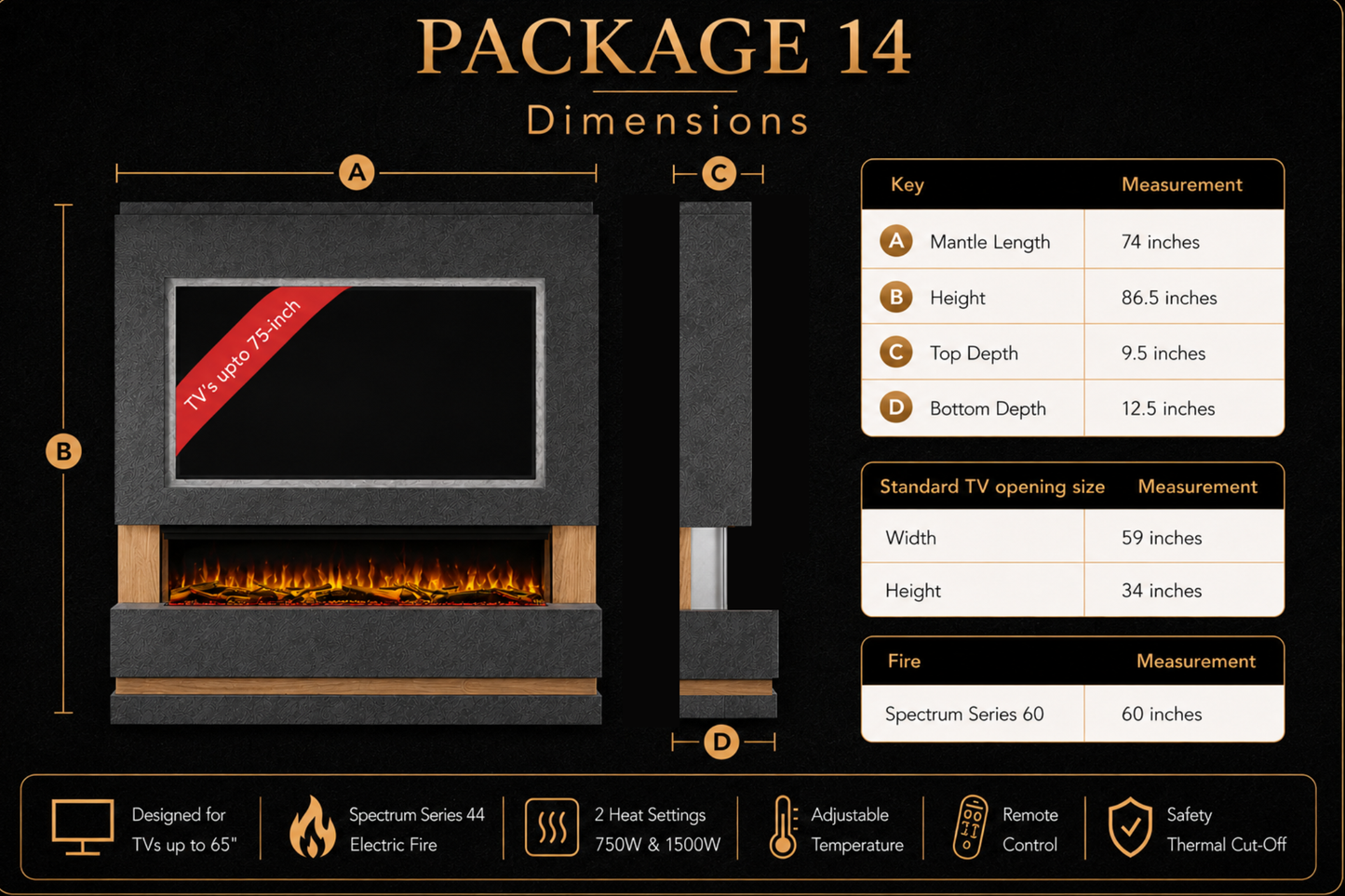 Evolution Fires Package 14 – Pre-Built Media Wall with Electric Fireplace