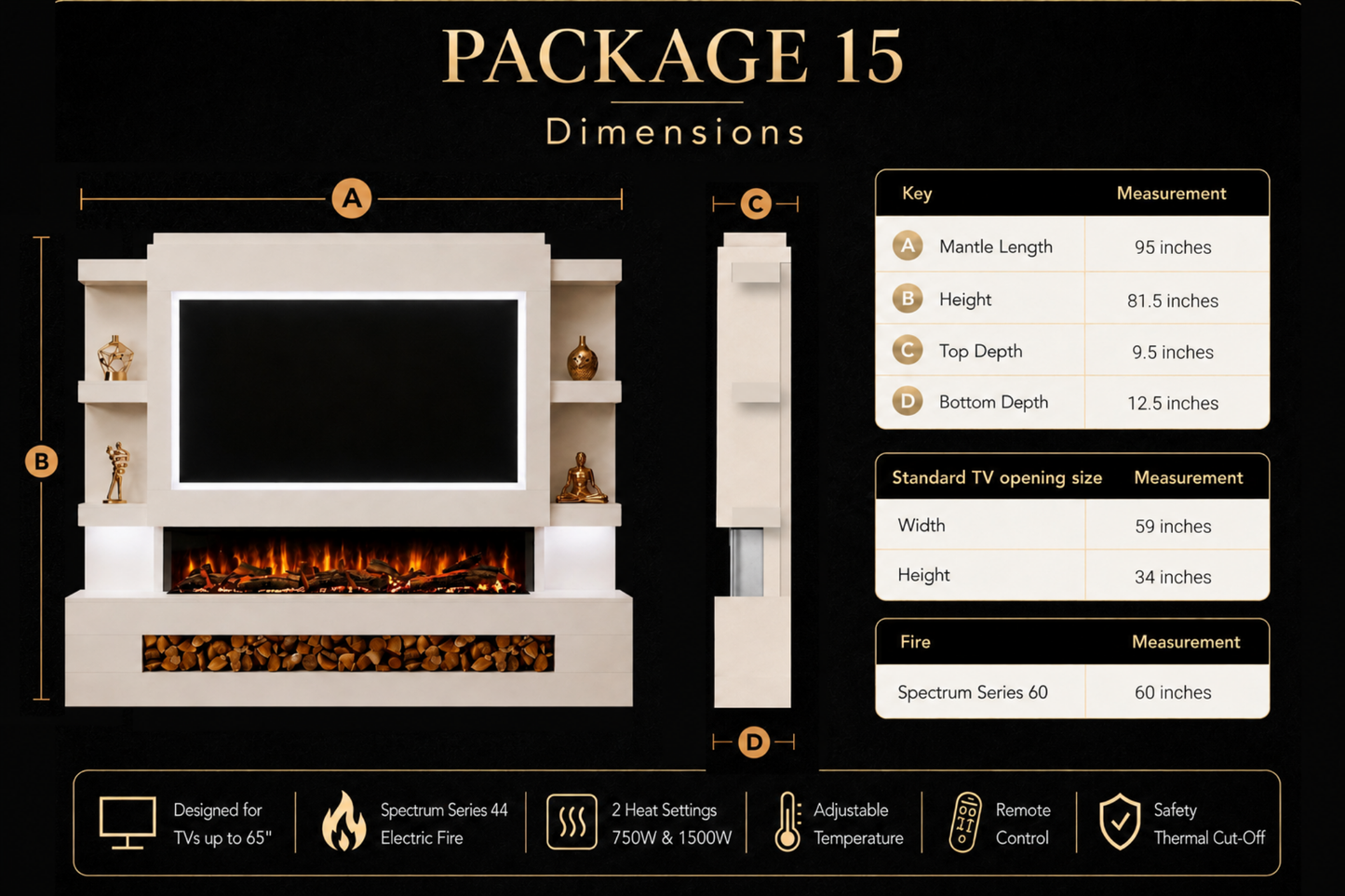 Evolution Fires Package 15 – Pre-Built Media Wall with Electric Fireplace