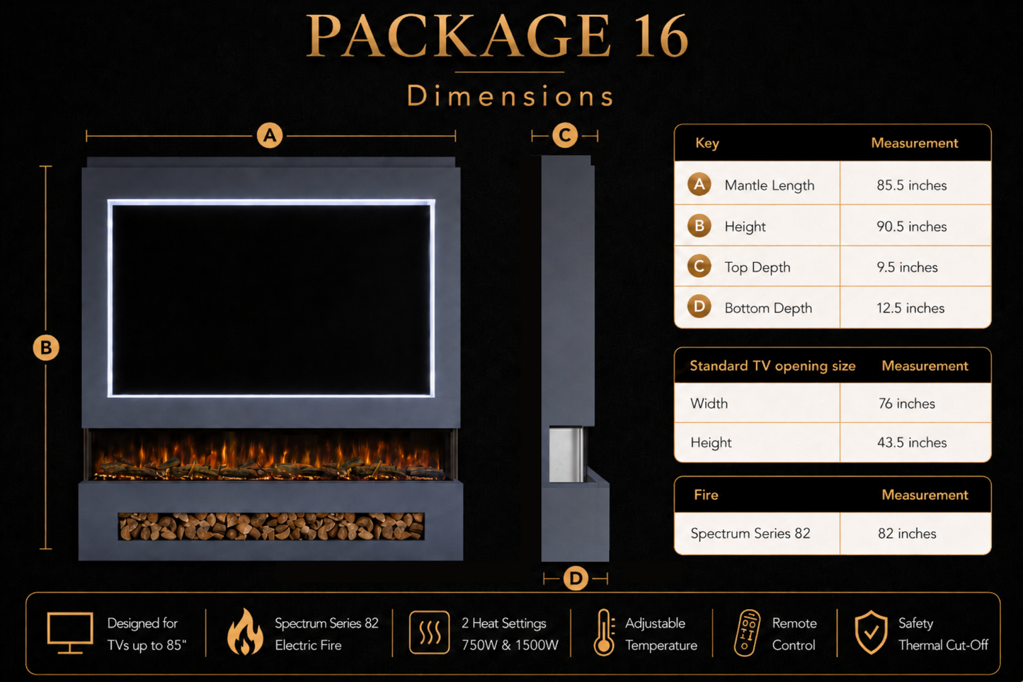 Evolution Fires Package 16 – Pre-Built Media Wall with Electric Fireplace