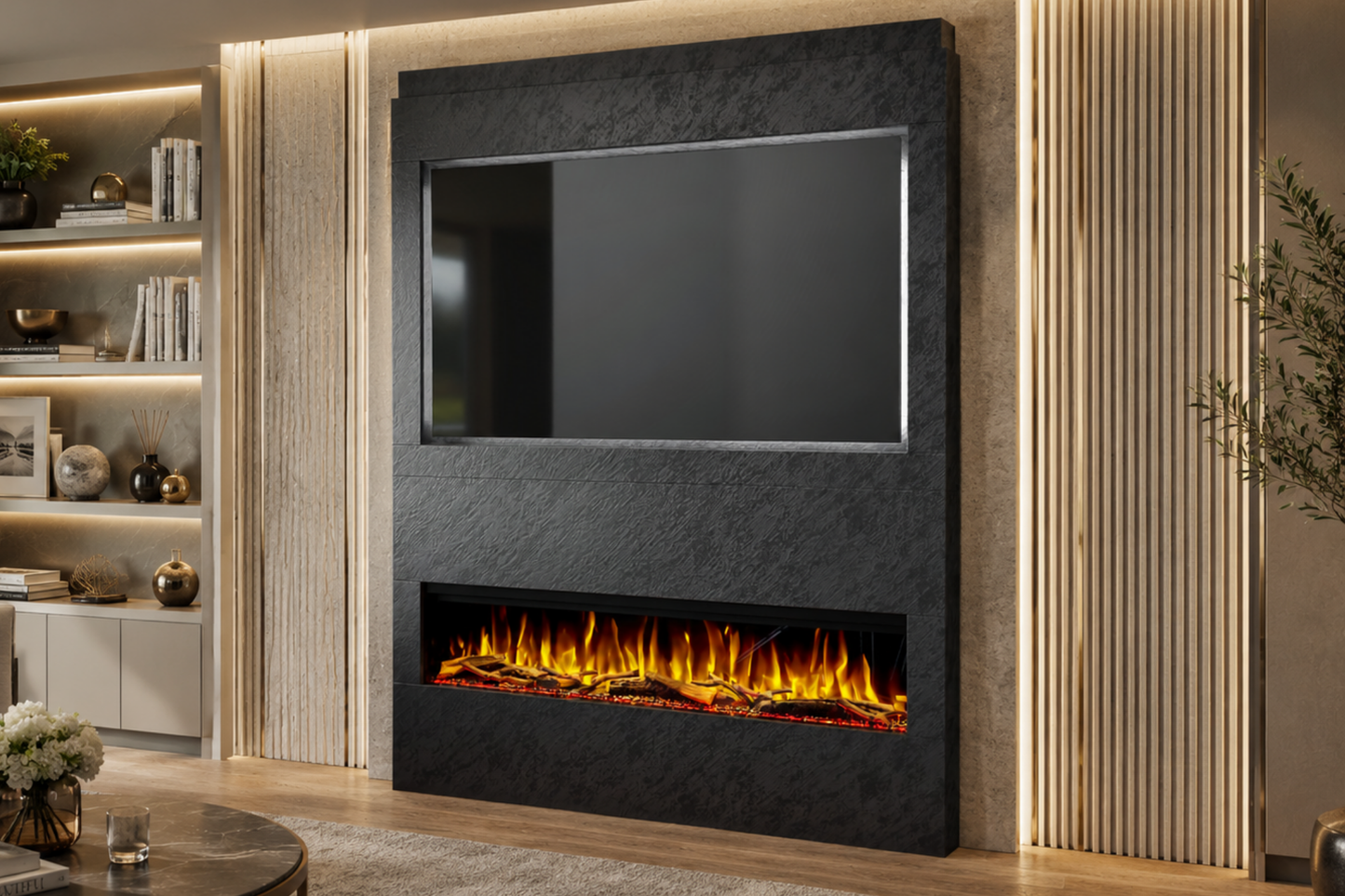 Evolution Fires Package 17 – Pre-Built Media Wall with Electric Fireplace