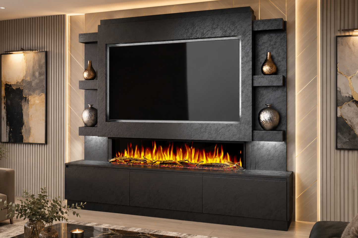 Evolution Fires Package 22 – Pre-Built Media Wall with Electric Fireplace