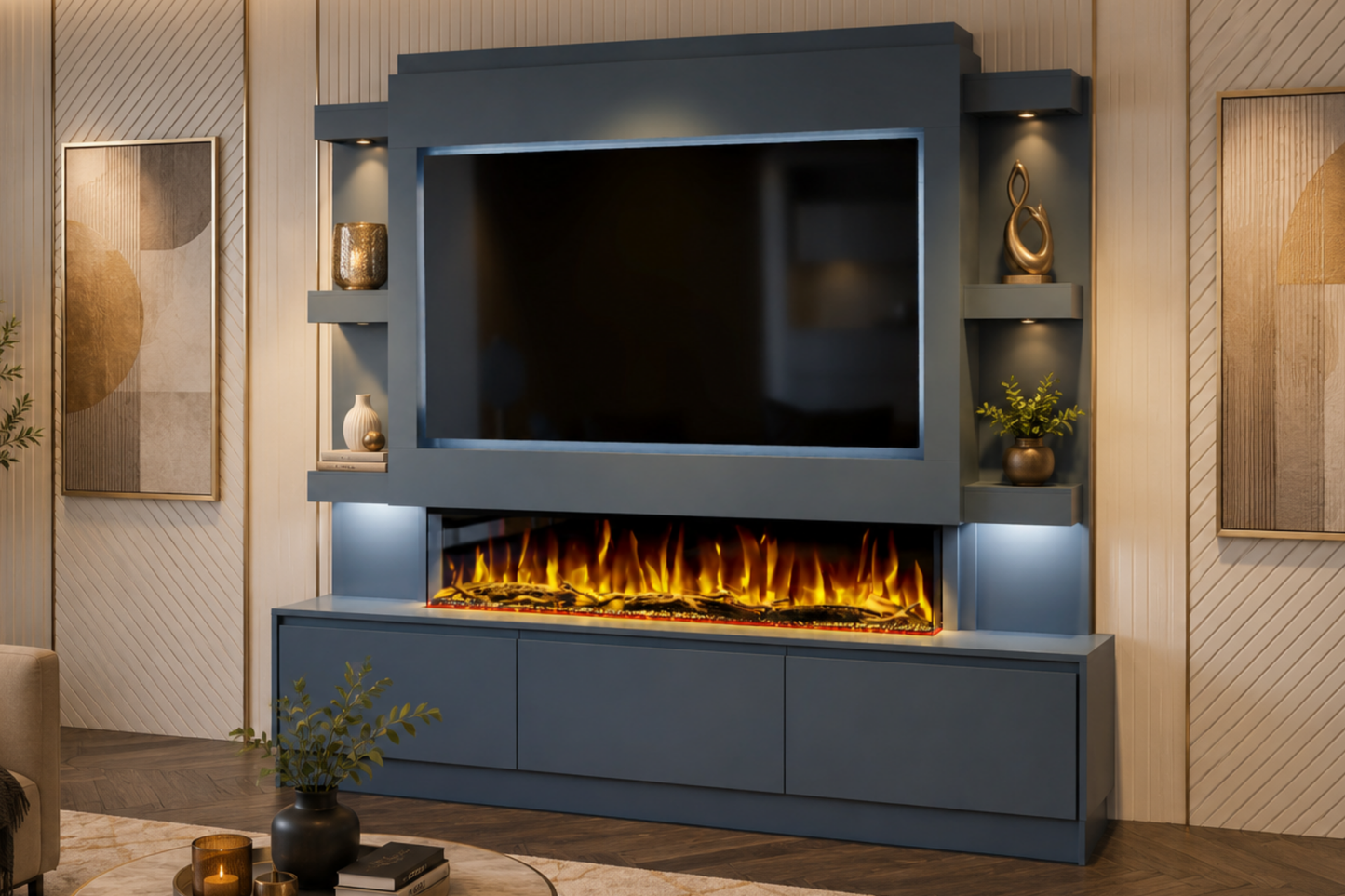 Evolution Fires Package 22 – Pre-Built Media Wall with Electric Fireplace