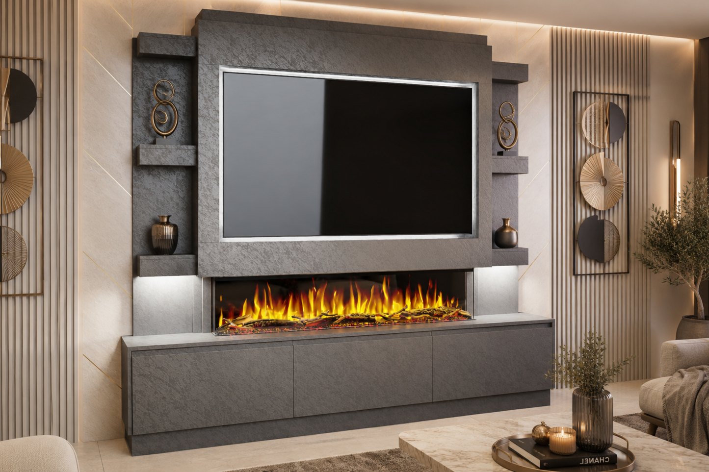 Evolution Fires Package 22 – Pre-Built Media Wall with Electric Fireplace