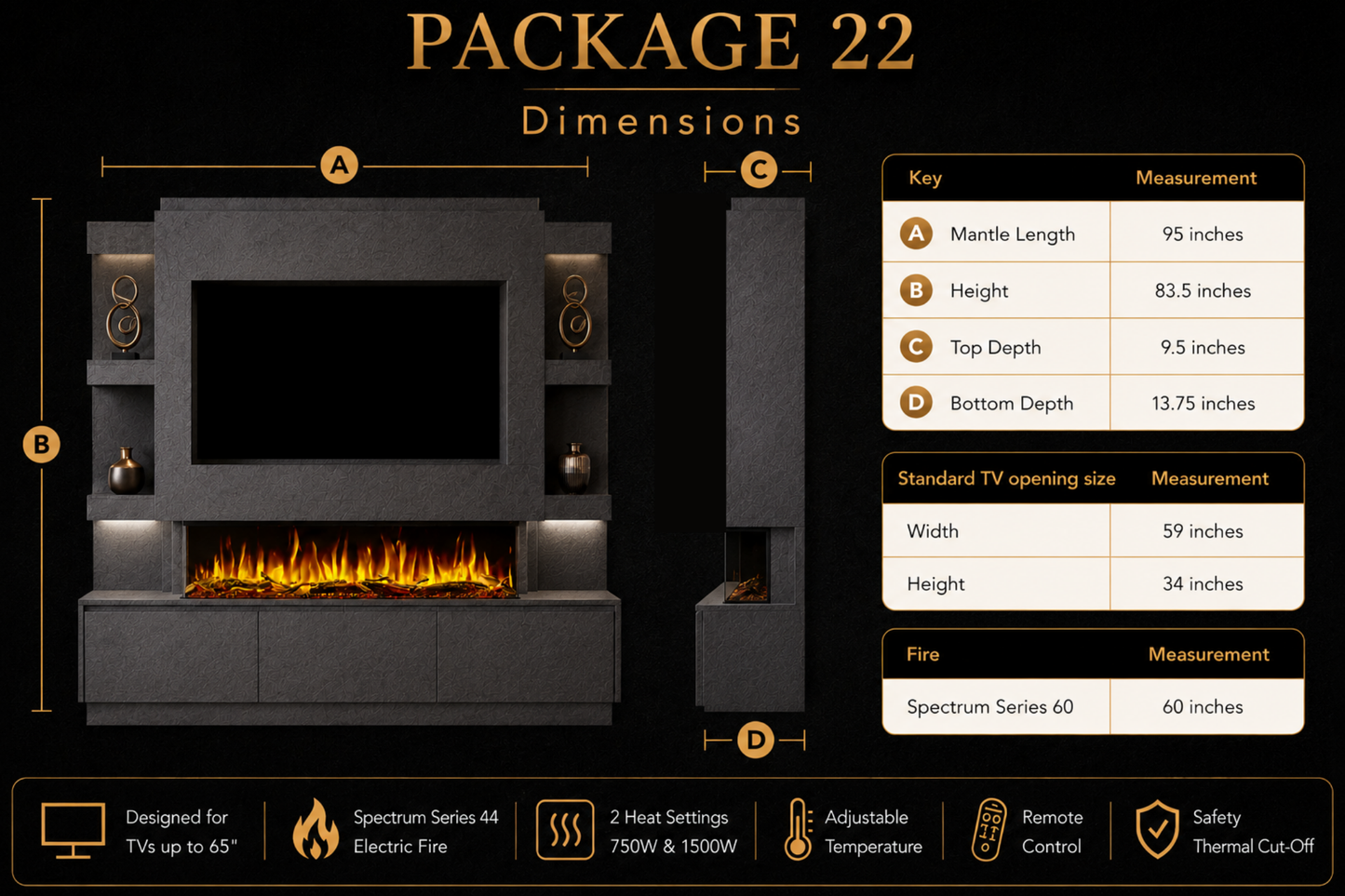 Evolution Fires Package 22 – Pre-Built Media Wall with Electric Fireplace