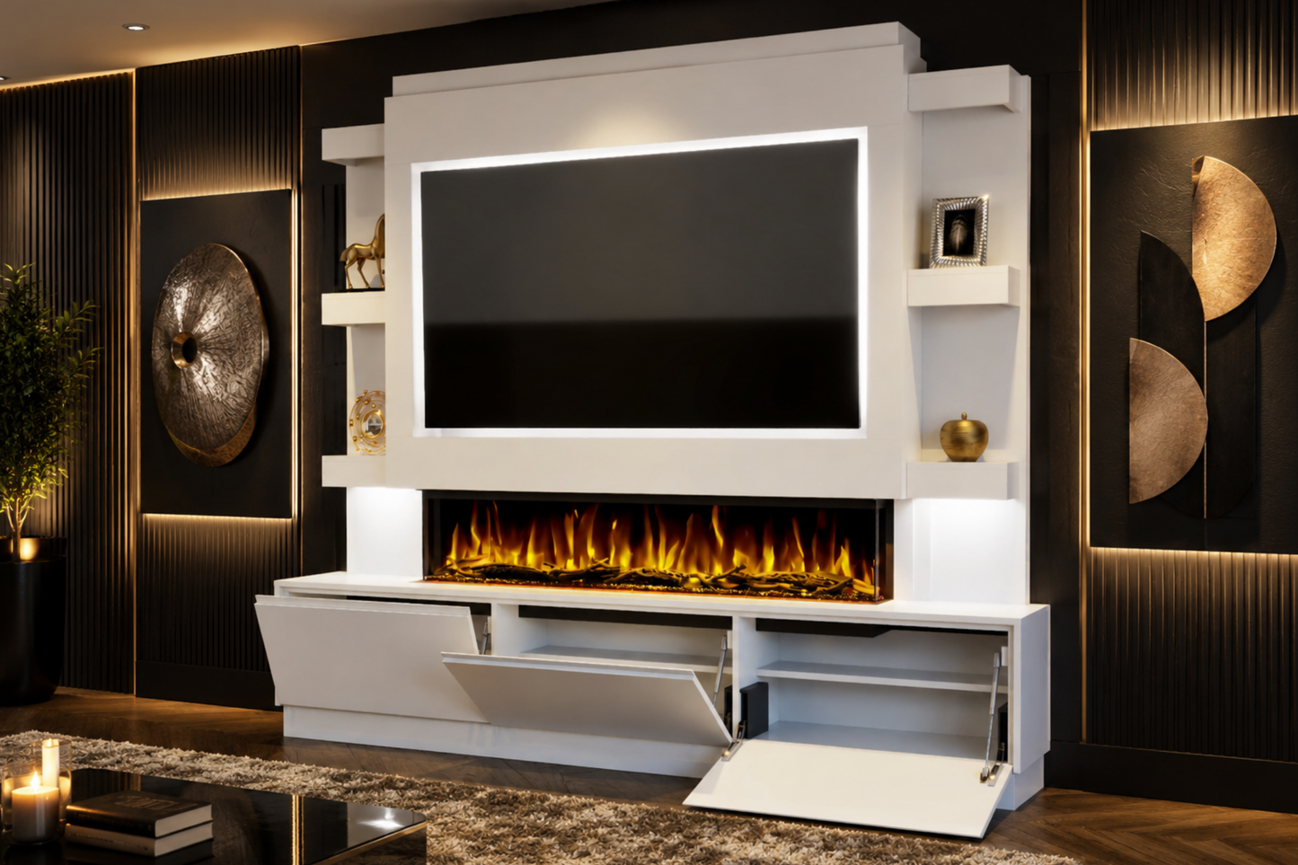 Evolution Fires Package 22 – Pre-Built Media Wall with Electric Fireplace